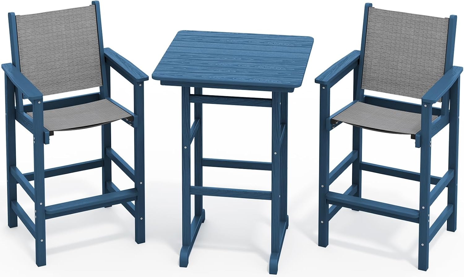 SERWALL 3 Pieces Textilene Adirondack Bar Set, Tall Adirondack Bar Height Chairs with Bar Table, Sling Balcony Adirondack Chairs, Weather Resistance Resin Outdoor Bar Height Stools, Blue