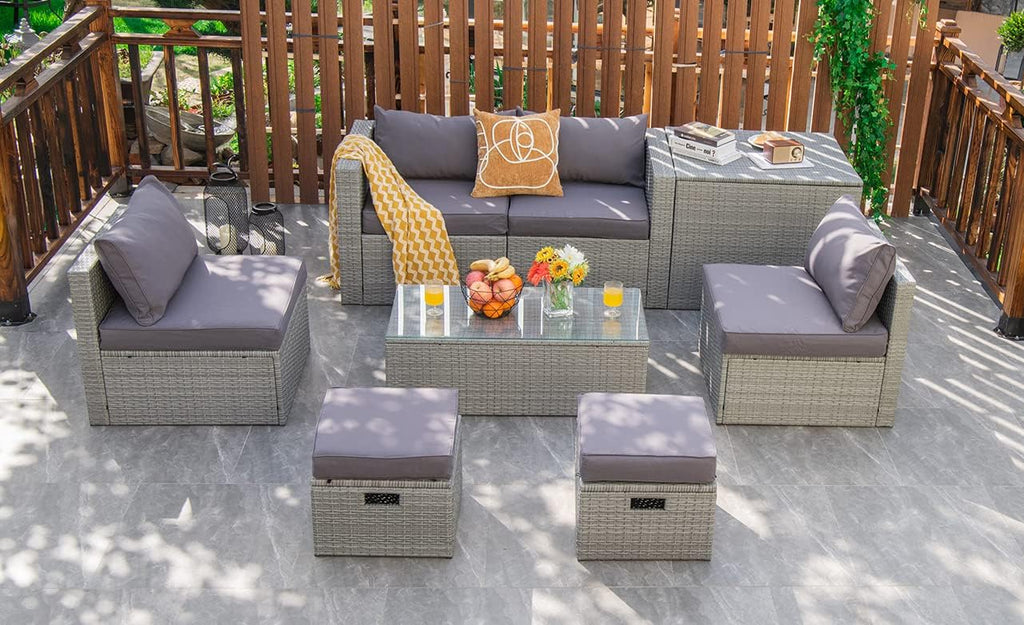 Tangkula 8 Piece Patio Wicker Furniture Set, Patiojoy Space Saving Outdoor PE Rattan Conversation Set with Storage Box & Waterproof Cover, Coffee Table, 2 Ottomans, 2 Armless Sofas & 2 Corner Sofas