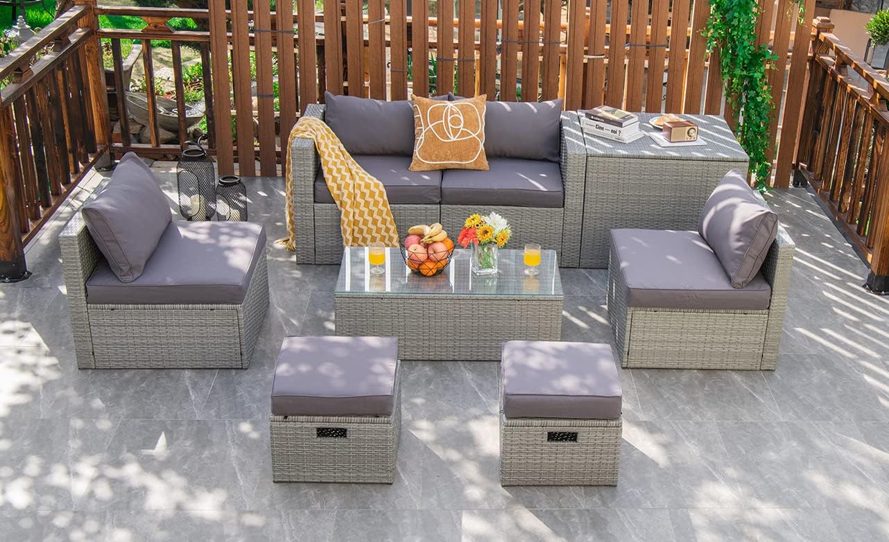 Tangkula 8 Piece Patio Wicker Furniture Set, Patiojoy Space Saving Outdoor PE Rattan Conversation Set with Storage Box & Waterproof Cover, Coffee Table, 2 Ottomans, 2 Armless Sofas & 2 Corner Sofas