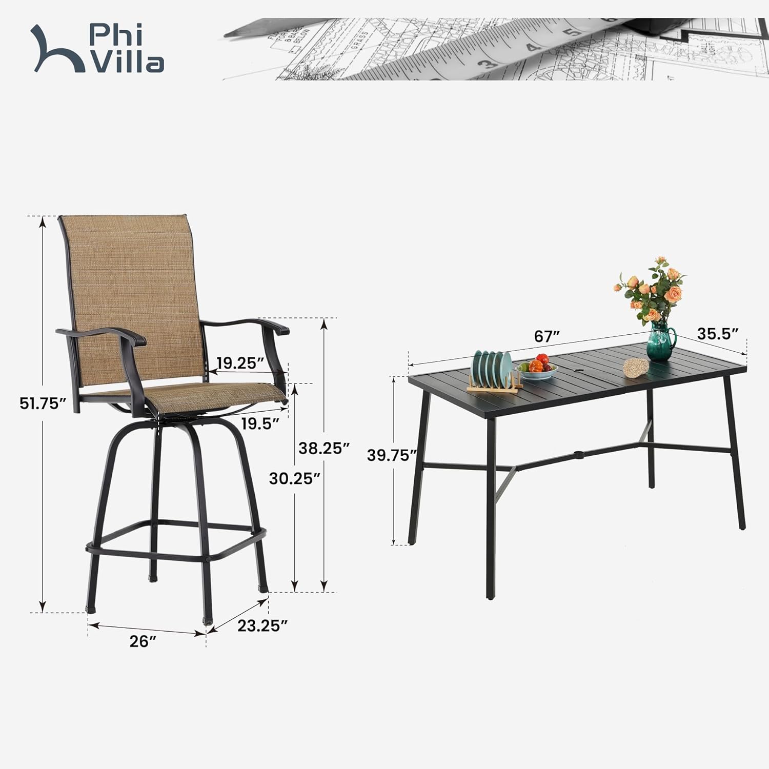 PHI VILLA 7 Piece High Patio Bar Dining Set, Bar Height Outdoor Table and Chairs Patio Furniture Set with 6 Patio Swivel Bar Stools & 40' Table for Garden, Yard and Terrace