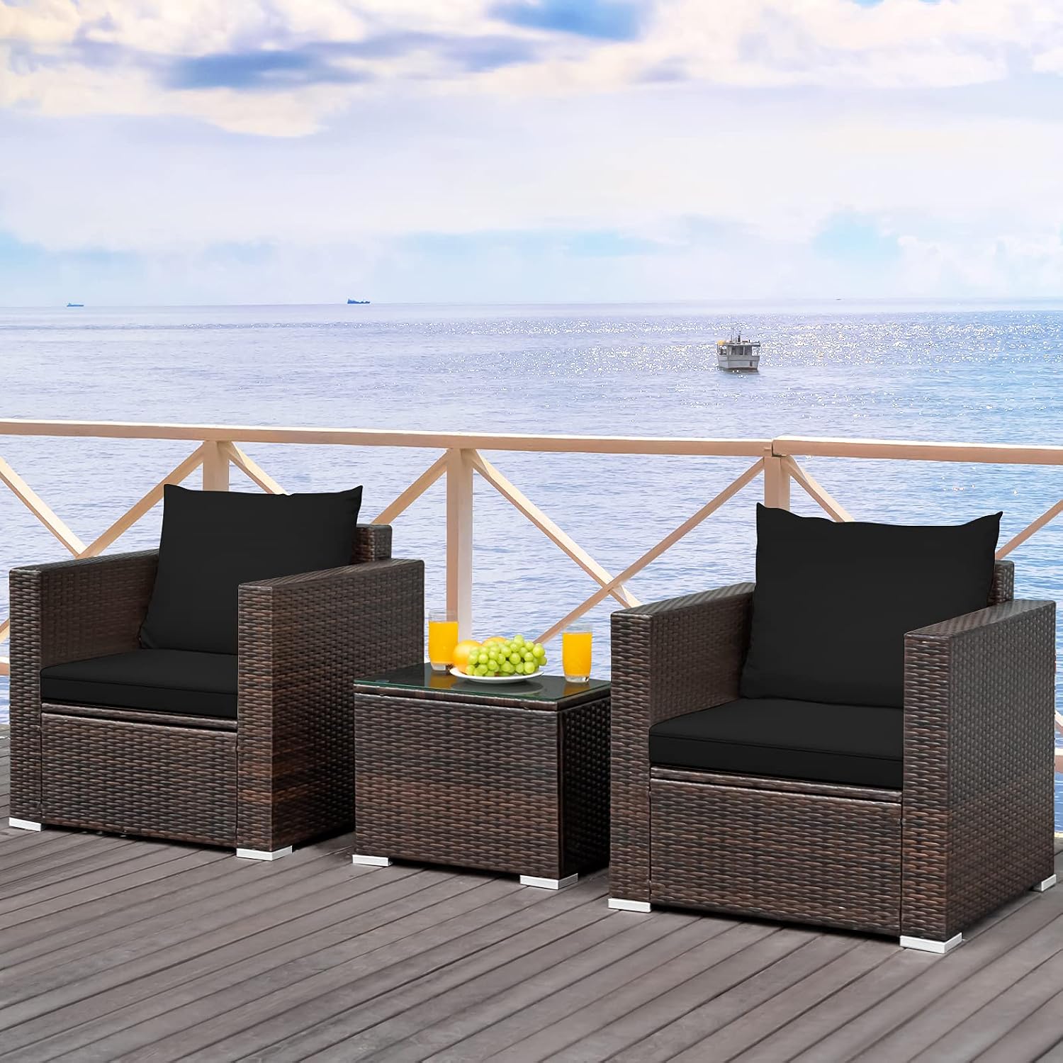 COSTWAY 3-Piece Patio Furniture Set, Outdoor Wicker Rattan Sofa with Cushions and Coffee Table with Tempered Glass, Modern Conversation Chair Set for Poolside Backyard Balcony Lawn (Black)