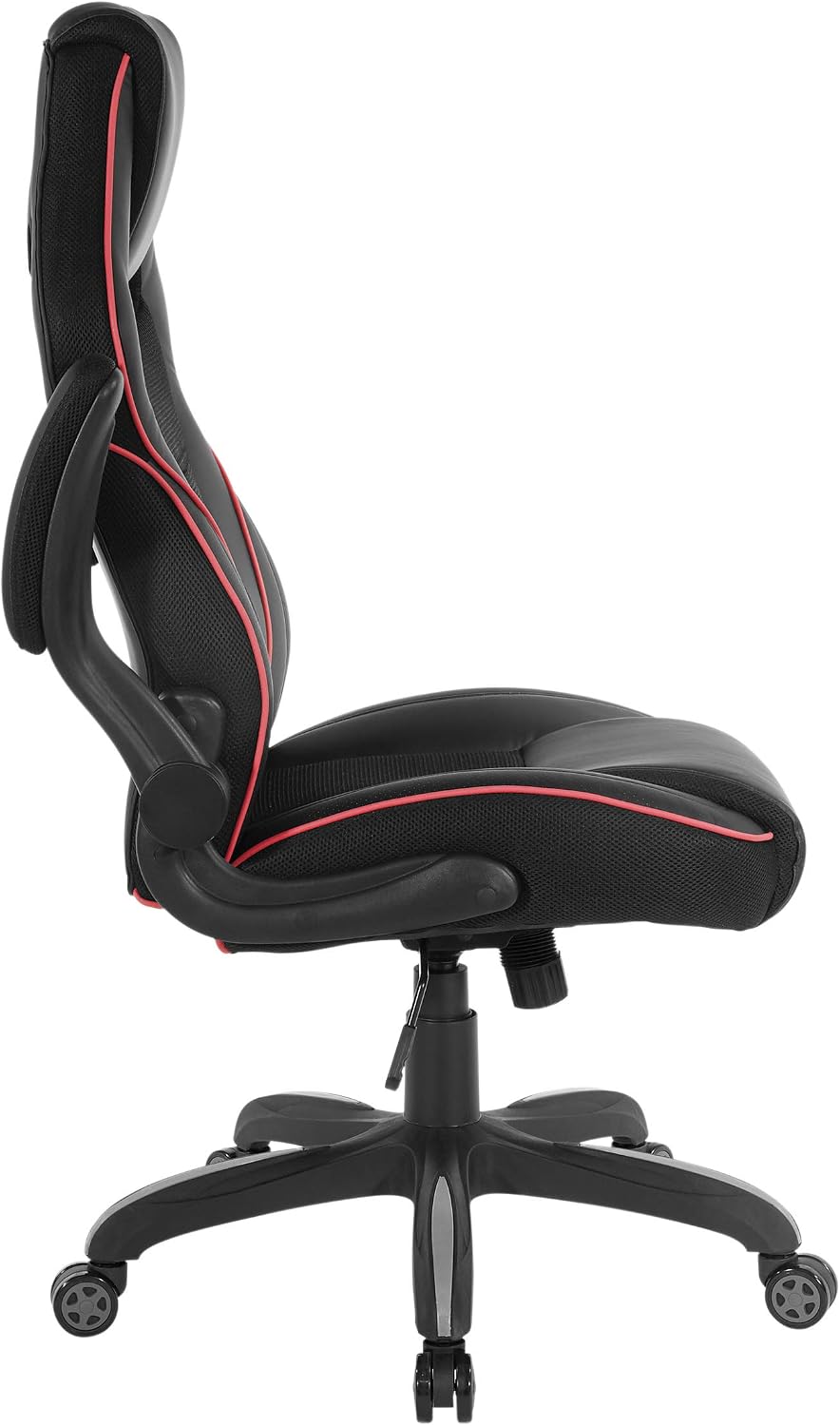 OSP Home Furnishings Xeno Ergonomic Adjustable Faux Leather Gaming Chair with Integrated Headrest and Airflow Cooling Material, Black with Red Accents