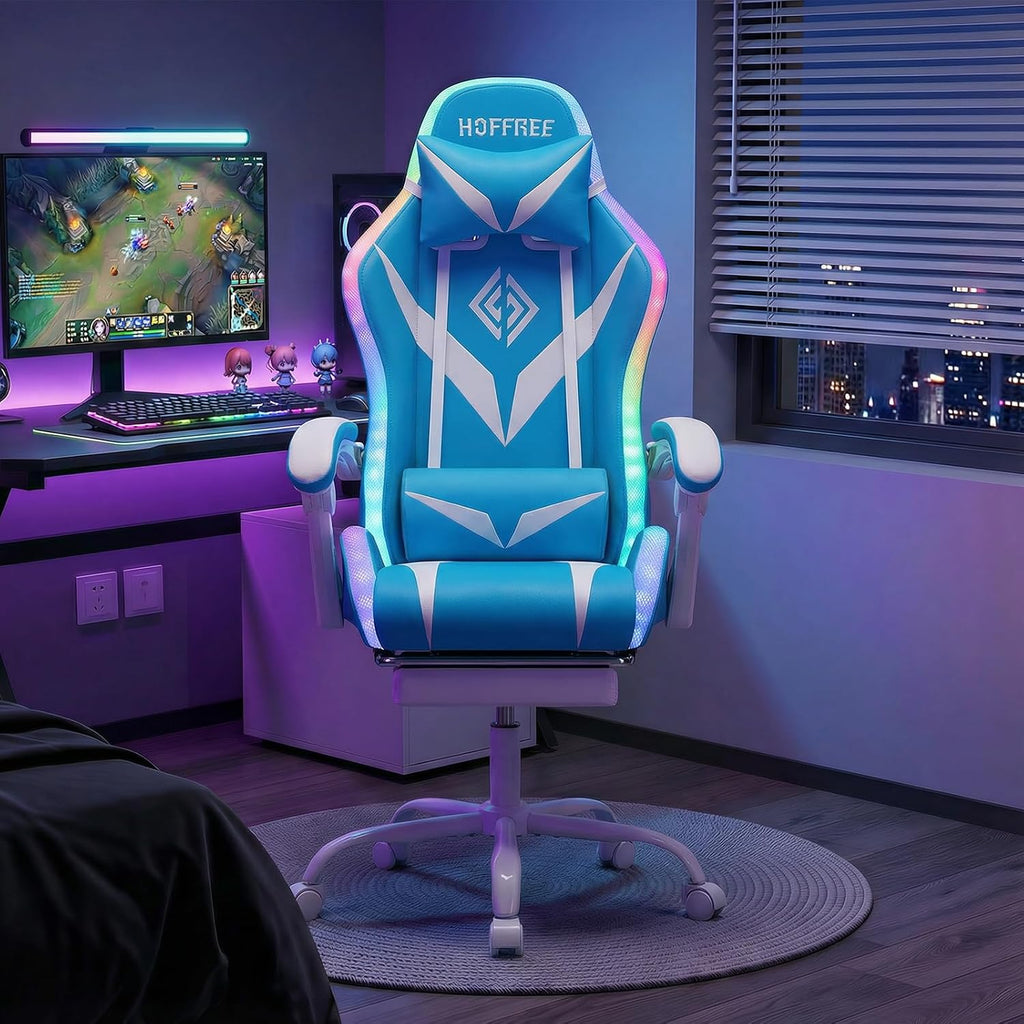 RGB Gaming Chair with LED Lights and Massage Ergonomic Computer Chair Cute with Footrest High Back Video Game Chair with Adjustable Lumbar Support Linkage Armrest Light Blue and White