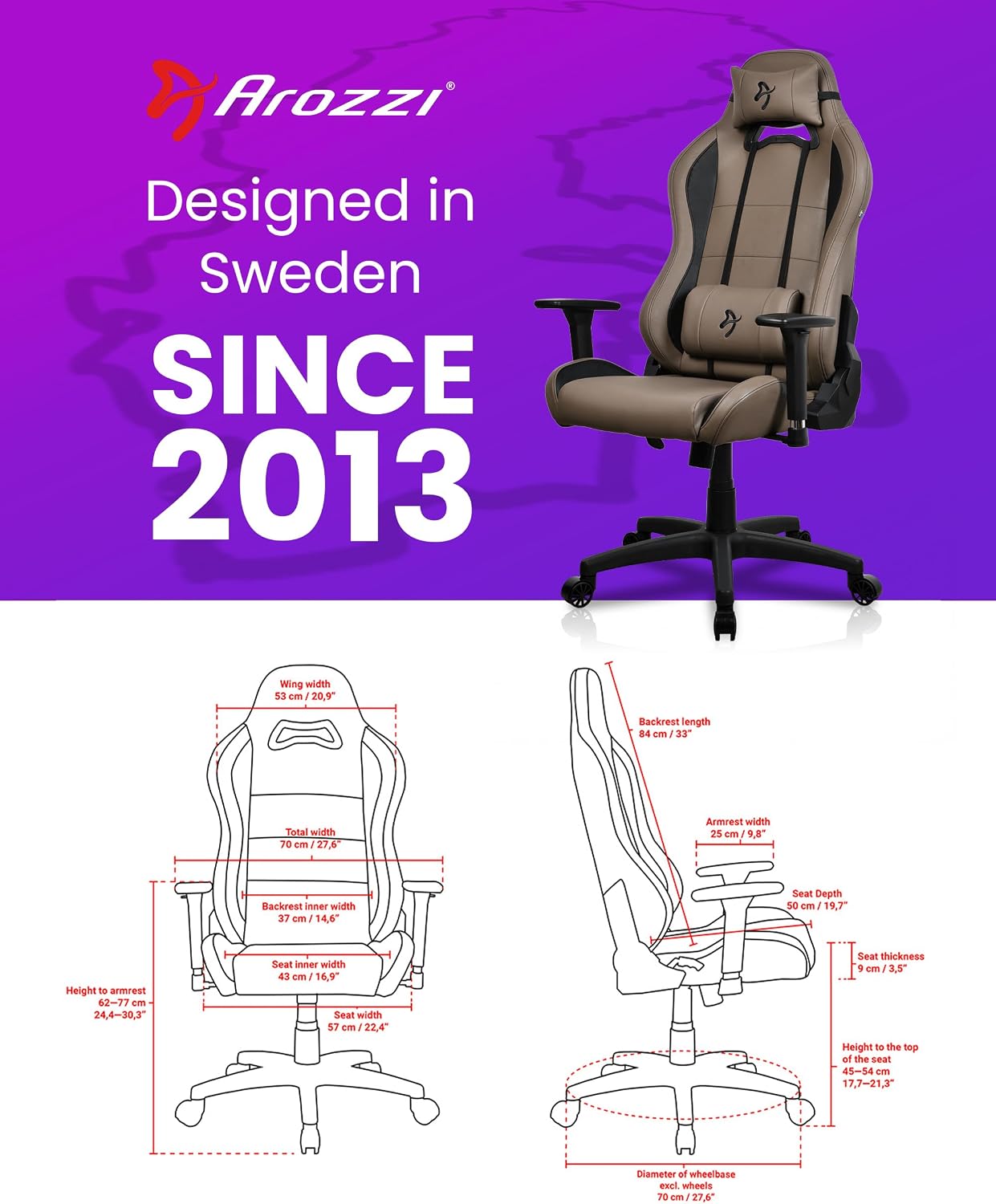 Arozzi Torretta Gaming Chair - Soft PU Ergonomic Gaming Chair for Adults Adjustable Backrest with Neck & Lumbar Pillows - Swedish Design Home Office Setup Professional Computer Chairs, Brown