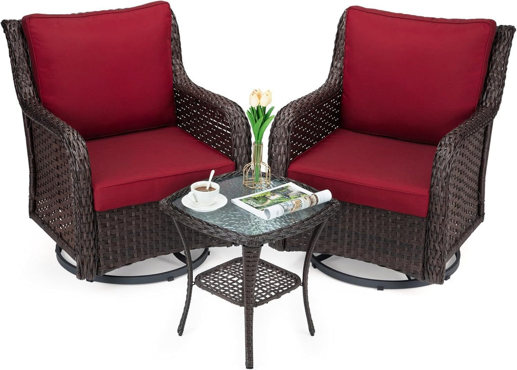 GarveeHome 3-Piece Outdoor Wicker Rattan Swivel Rocking Chair Set with Armored Glass Side Table & Premium Cushions - 360° Swivel Patio Furniture for Backyard, Porch, Deck, Balcony, Garden, Red