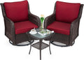 GarveeHome 3-Piece Outdoor Wicker Rattan Swivel Rocking Chair Set with Armored Glass Side Table & Premium Cushions - 360° Swivel Patio Furniture for Backyard, Porch, Deck, Balcony, Garden, Red