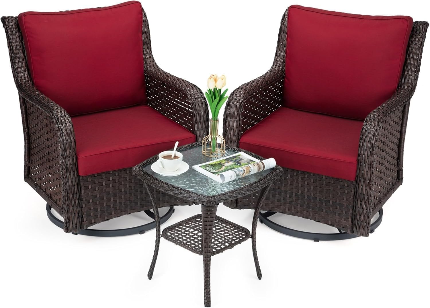 GarveeHome 3-Piece Outdoor Wicker Rattan Swivel Rocking Chair Set with Armored Glass Side Table & Premium Cushions - 360° Swivel Patio Furniture for Backyard, Porch, Deck, Balcony, Garden, Red