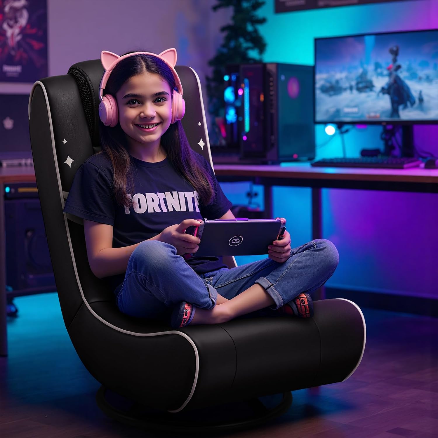 GTPLAYER Floor Gaming Chair Foldable Swivel Floor Chairs for Kids Boys Comfy Video Game Seat with 360° Multipurpose for Gamers, Bedroom or Game Room (Gold)
