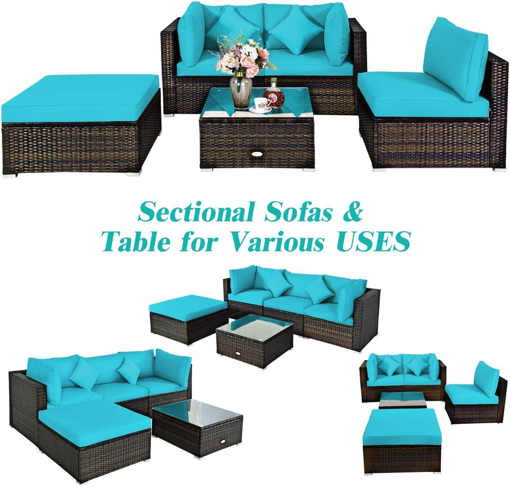 COSTWAY 5-Piece Outdoor Patio Furniture Set, Glass Top Coffee Table and Lounge Sofa with Cushions, PE Rattan Conversation Set for Garden, Deck, Backyard (Turquoise)