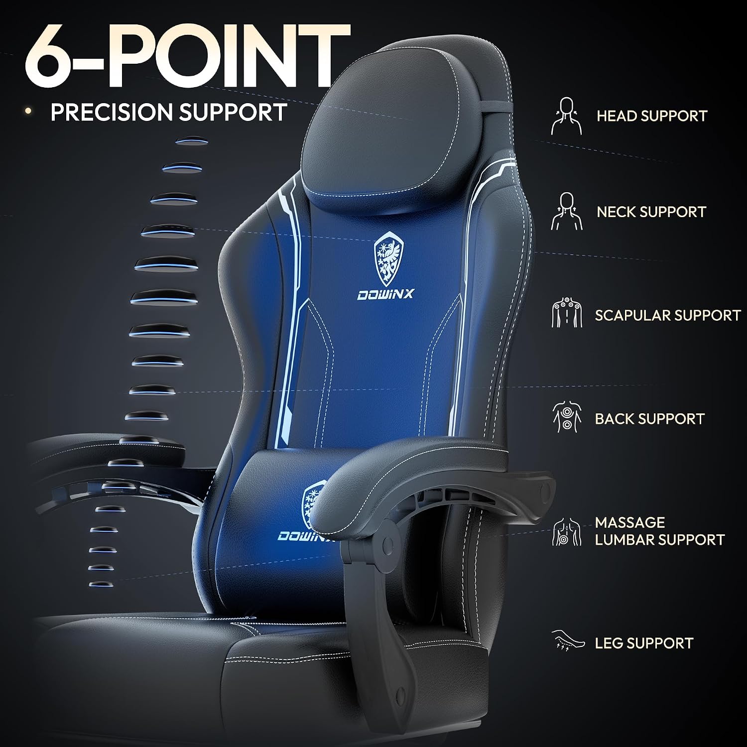 Dowinx Gaming Chair with Pocket Spring Cushion, Ergonomic Computer Chair with Massage Lumbar and Footrest for Adults, High Back Game Chair Leather for Office Gaming 300LBS, Black