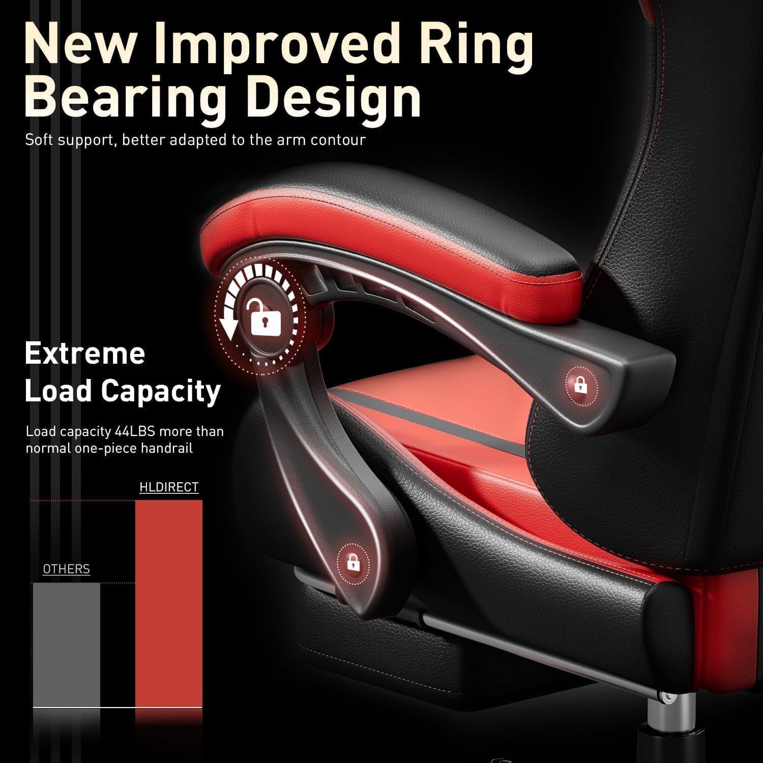 HLDIRECT Gaming Chair, Ergonomic Video Game Seat with 360° Swivel & Lumbar Massage for Adults Home/Office Use, Computer Chair PU Leather Cushion (Black & Red)