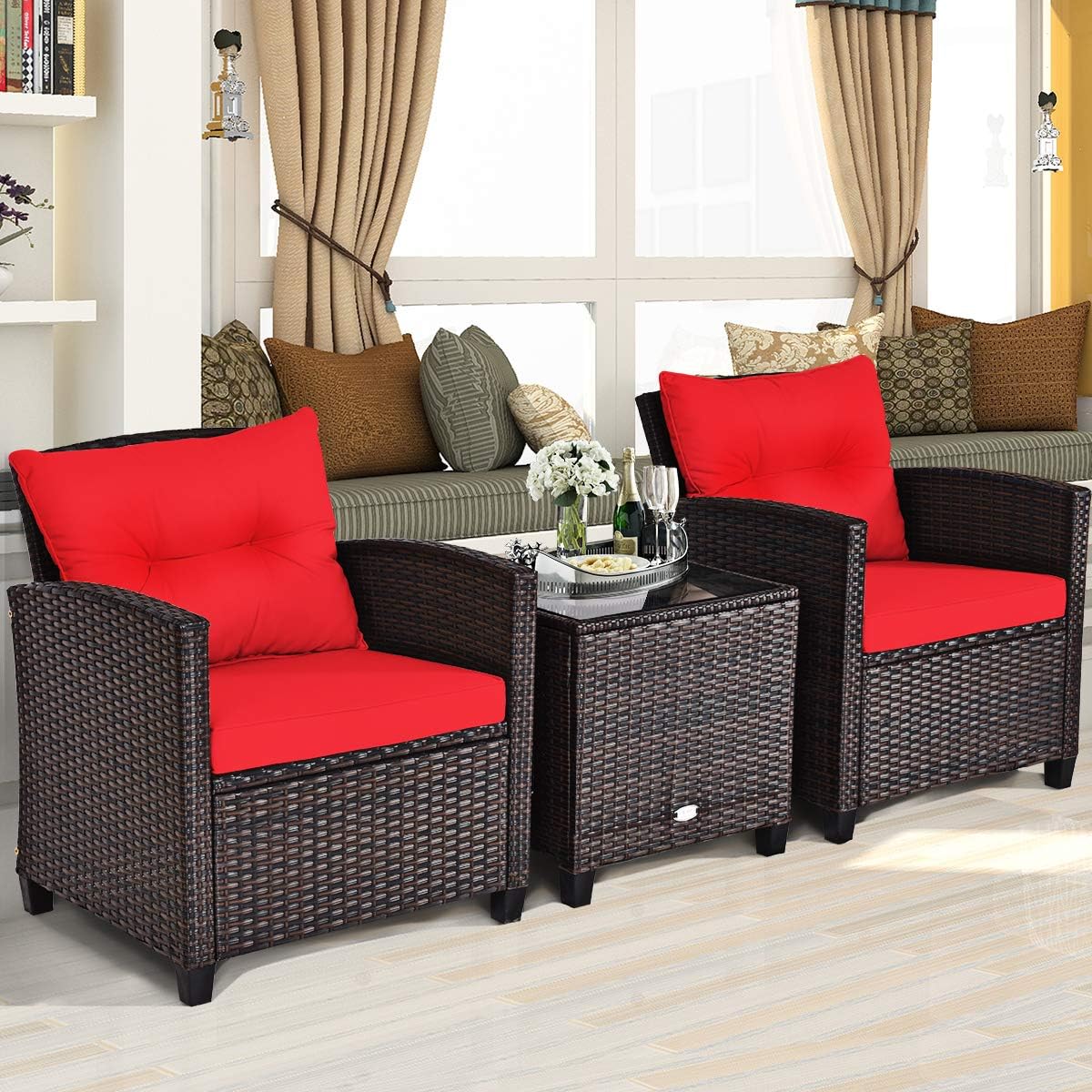 RELAX4LIFE 3 Piece Patio Furniture Set, Wicker Bistro Conversation Set w/ 2 Cushioned Armchairs & Glass Topped Table, Outdoor Rattan Sofa Set Patio Furniture for Porch Balcony Poolside (Red)