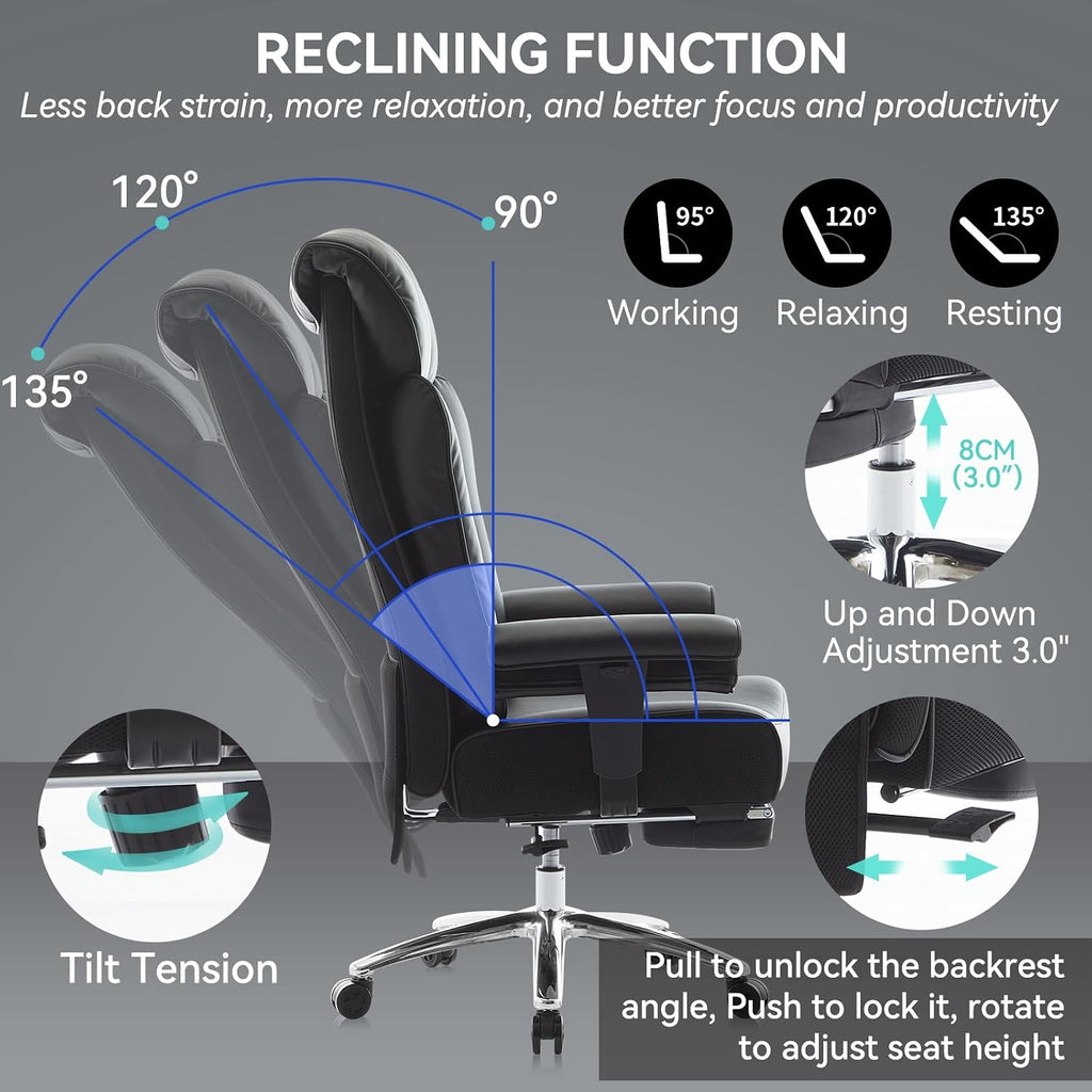 Efomao Big and Tall Office Chair 450lbs, 5.9' Thick Pocket Spring Executive Office Chair with Footrest, High Back PU Leather Desk Chair, Wide Seat Computer Chair, Black