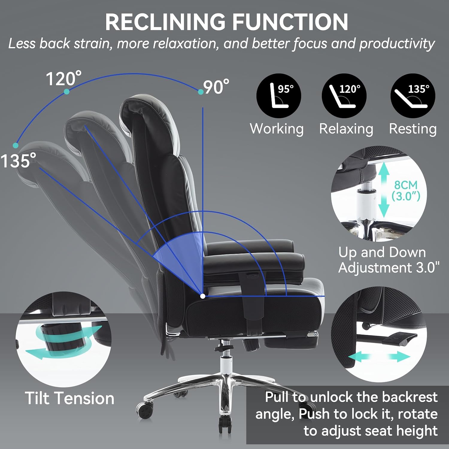Efomao Big and Tall Office Chair 450lbs, 5.9' Thick Pocket Spring Executive Office Chair with Footrest, High Back PU Leather Desk Chair, Wide Seat Computer Chair, Black