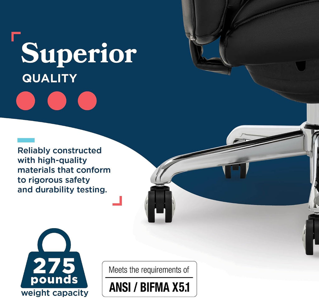 La-Z-Boy Symphony Executive Mid-Back Office Chair, Diamond Quilt Seat and Back, Pocket Coil Cushion, Padded Armrests, Ergonomic Computer DeskChair, Swivel Metal Base, Bonded Leather, Black/Chrome