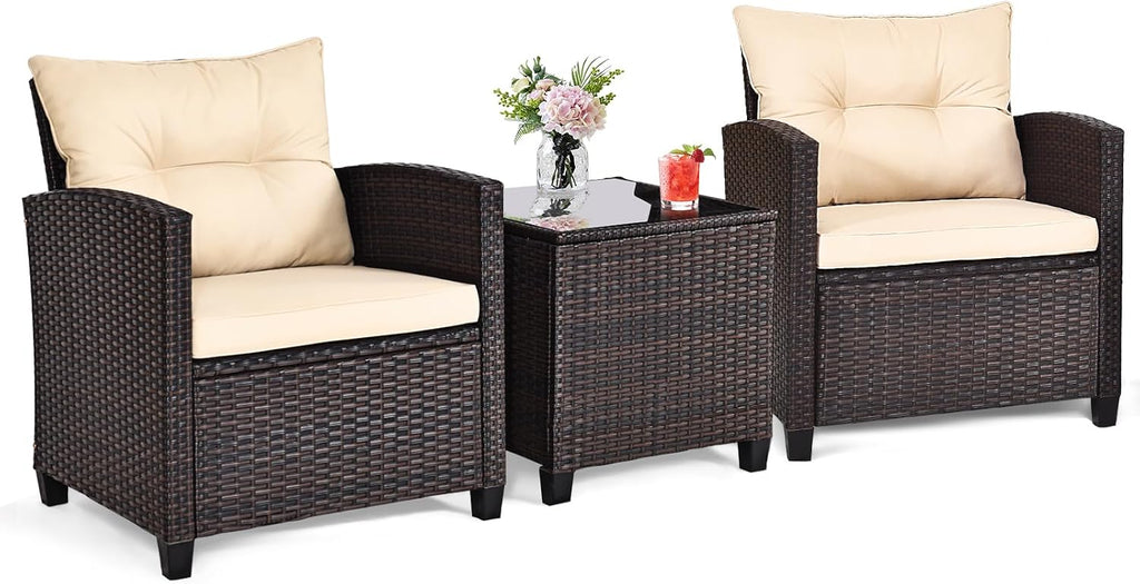 ORALNER 3 Pieces Patio Furniture Set, Outdoor Wicker Conversation Set Rattan Chairs with Cushions, Glass Coffee Table, Bistro Set for Front Porch Balcony Garden Deck Poolside (Beige)