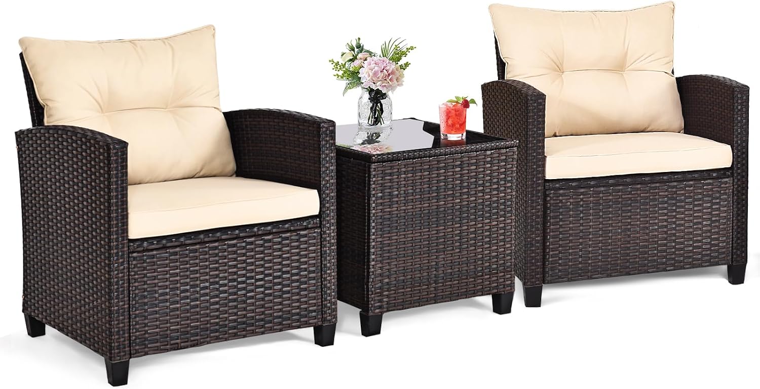 ORALNER 3 Pieces Patio Furniture Set, Outdoor Wicker Conversation Set Rattan Chairs with Cushions, Glass Coffee Table, Bistro Set for Front Porch Balcony Garden Deck Poolside (Beige)