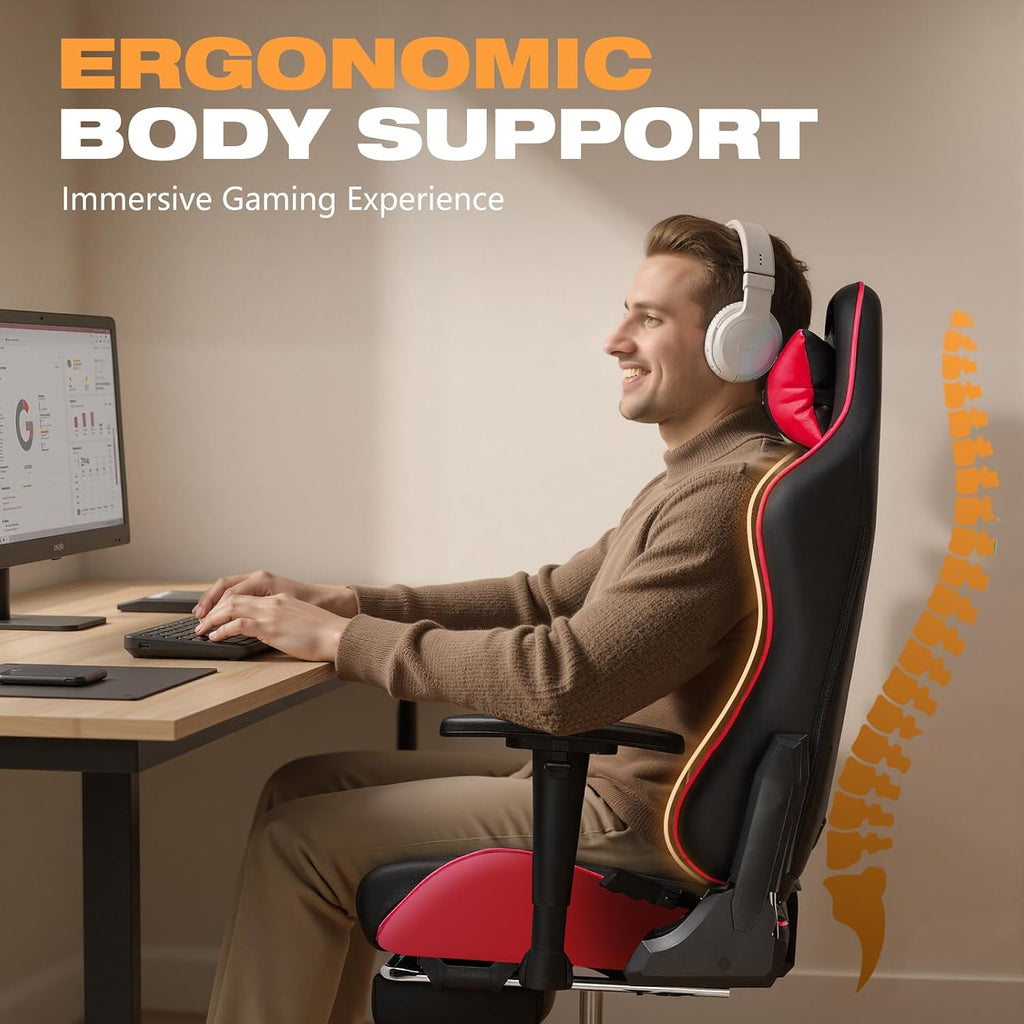 Gaming Chair with Footrest, Ergonomic High-Back PU Leather Computer Chair with 3D Adjustable Armrests, Headrest and Lumbar Support, Office Desk Chair with Diamond Stitching for Adults & Teen