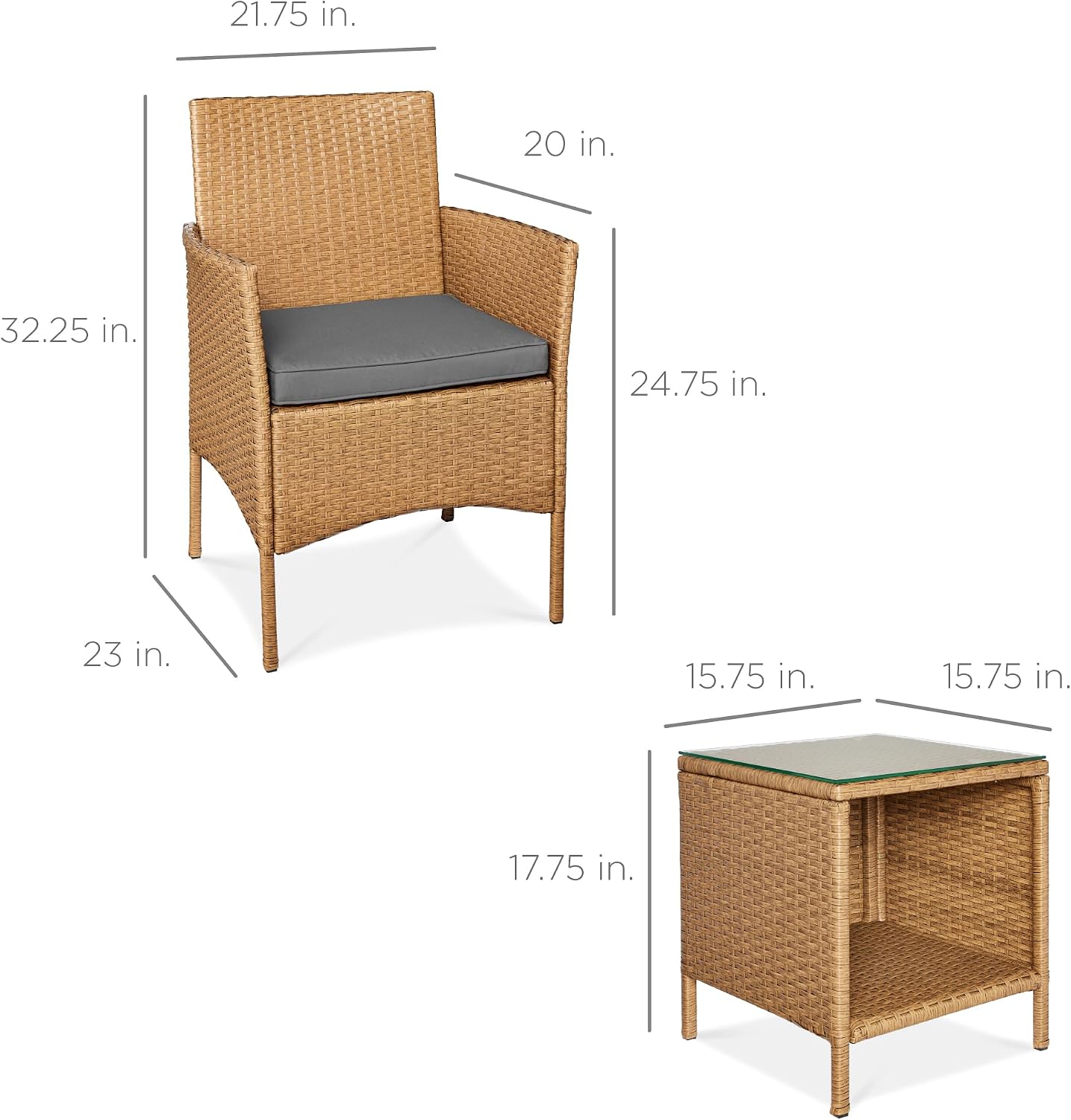 Best Choice Products 3-Piece Outdoor Wicker Conversation Bistro Set, Space Saving Patio Furniture for Garden w/Side Table - Natural/Gray