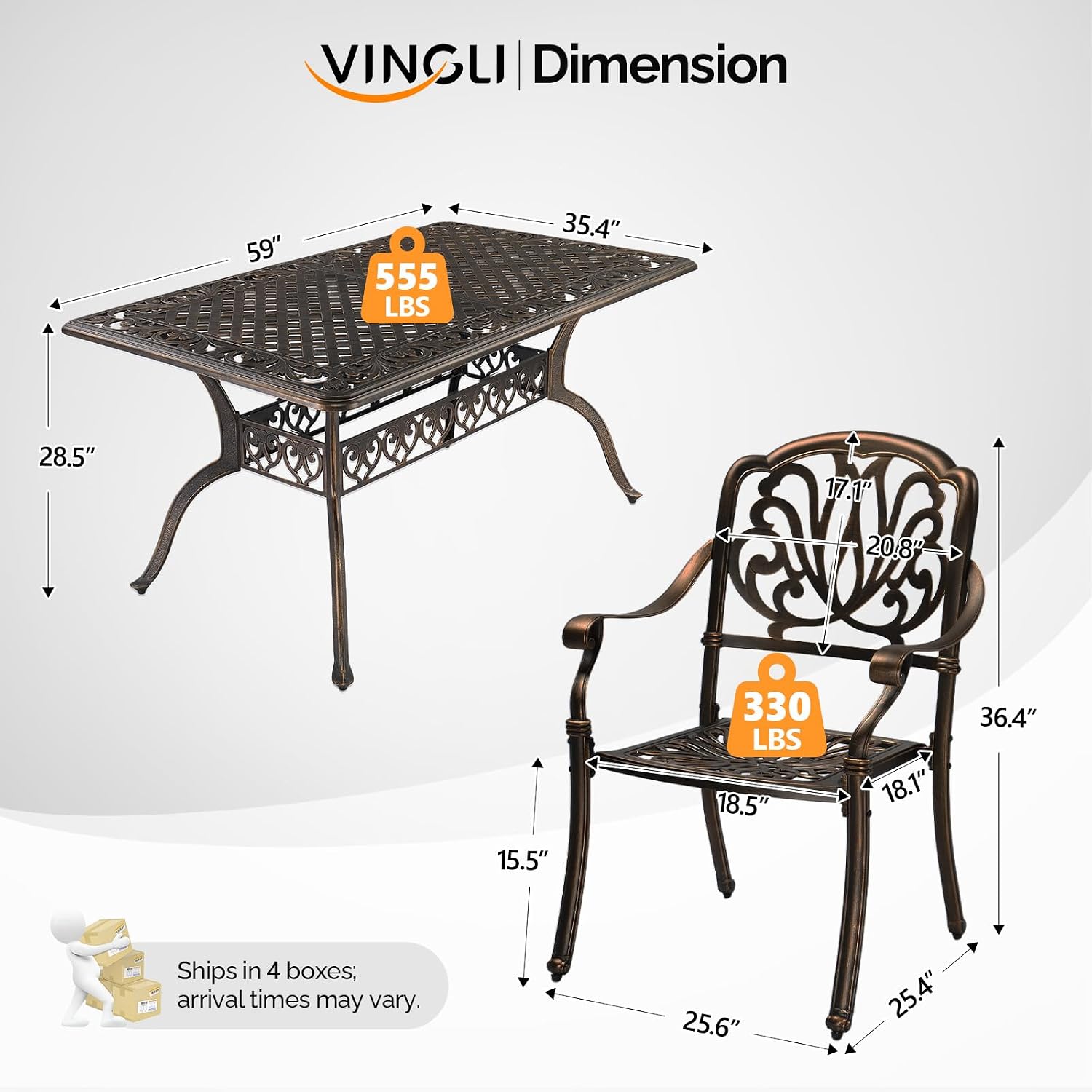 VINGLI 7-Piece Outdoor Dining Set, Cast Aluminum Patio Furniture Set for 6 with Umbrella Hole, Rectangular Outdoor Dining Table & 6 Stackable Chairs, All-Weather Garden/Poolside Dining Set Bronze