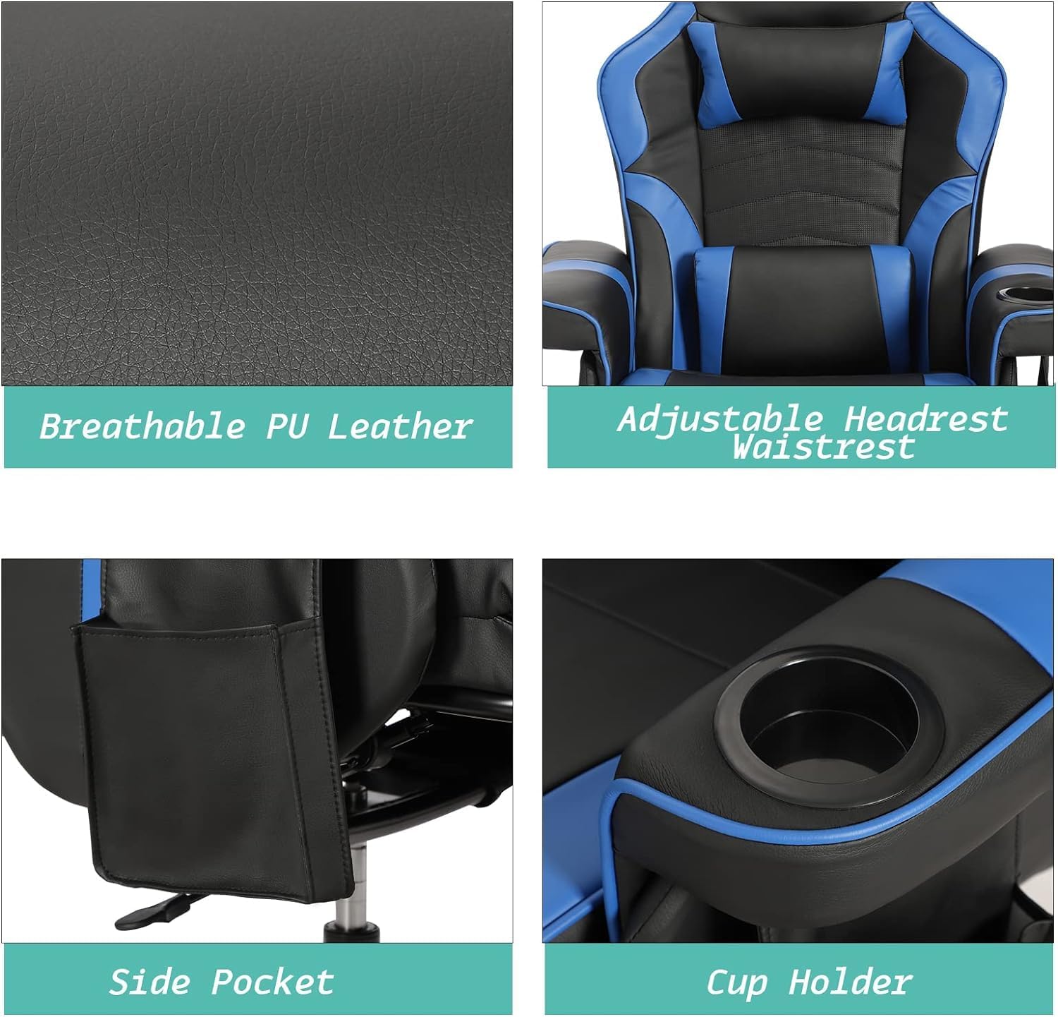 LVUYOYO Reclining Gaming Chair, Massage Gaming Chairs for Adults, High Back PU Leather Game Recliner w/Adjustable Height, Swivel Game Chair with Lumbar Support, Cup Holder, Headrest