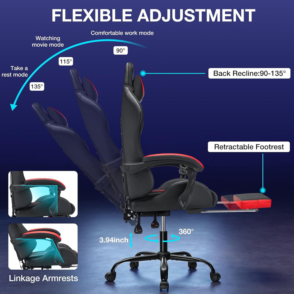 RGB Gaming Chair Massage with LED Lights and Footrest Ergonomic Computer Gaming Chair with High Back Video Game Chair with Adjustable Lumbar Support Red and Black