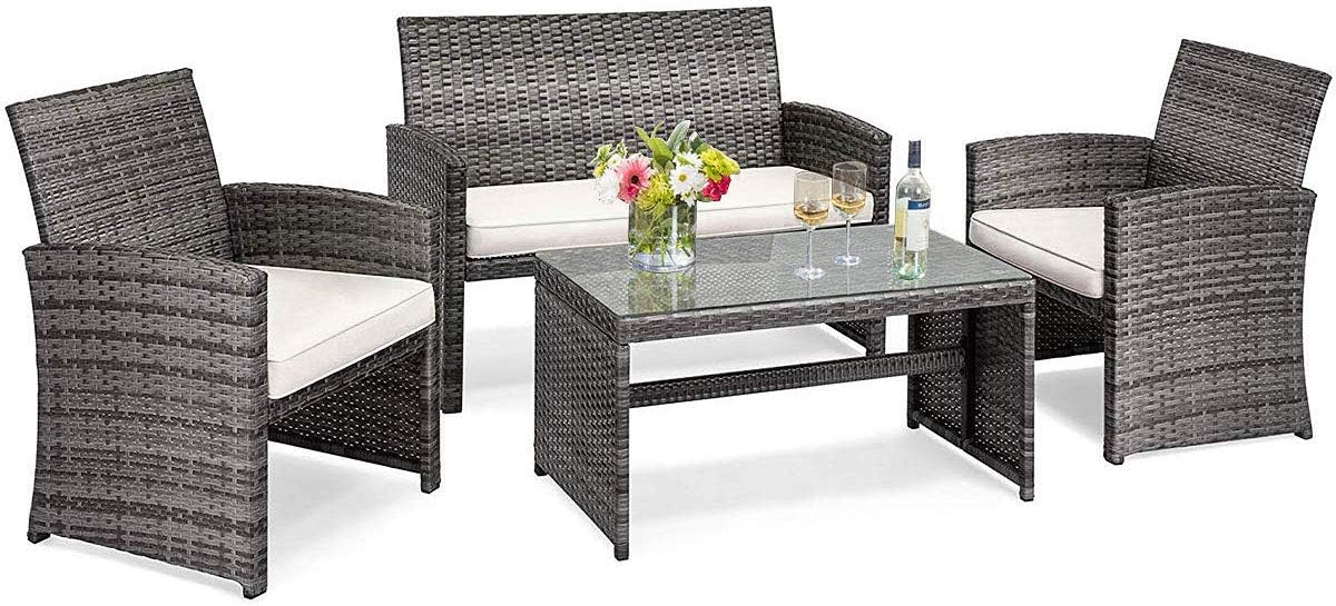 COSTWAY Patio Furniture Set 4 Pieces, Outdoor Wicker Chairs Sofa w/Coffee Table and Soft Cushions, Rattan Conversation Sets for Patio Lawn Backyard Yard Pool Garden, White