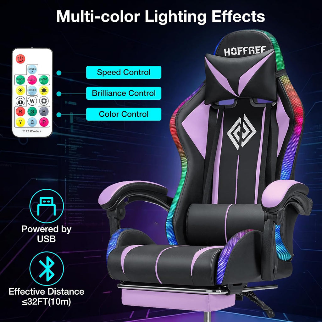 HOFFREE Gaming Chair with LED RGB Lights and Massage Ergonomic Computer Chair with Footrest High Back Video Game Chair with Adjustable Lumbar Support Linkage Armrest Purple and Black