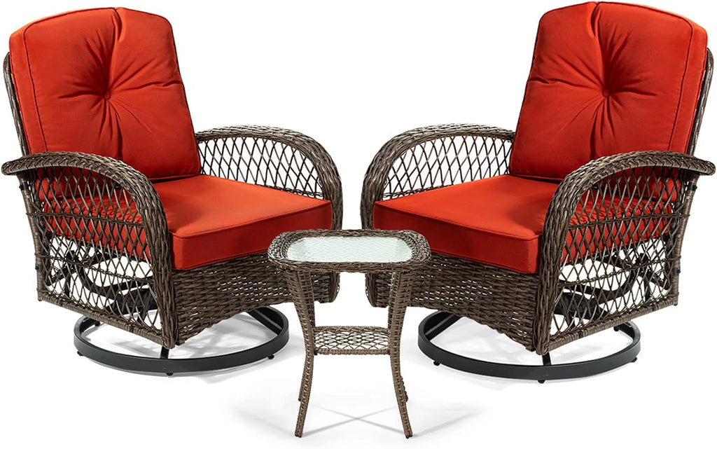 SHA CERLIN 3 Pieces Patio Furniture Set, Outdoor Swivel Glider Rocker, Wicker Patio Bistro Set with Rocking Chair, Cushions and Table (Red)
