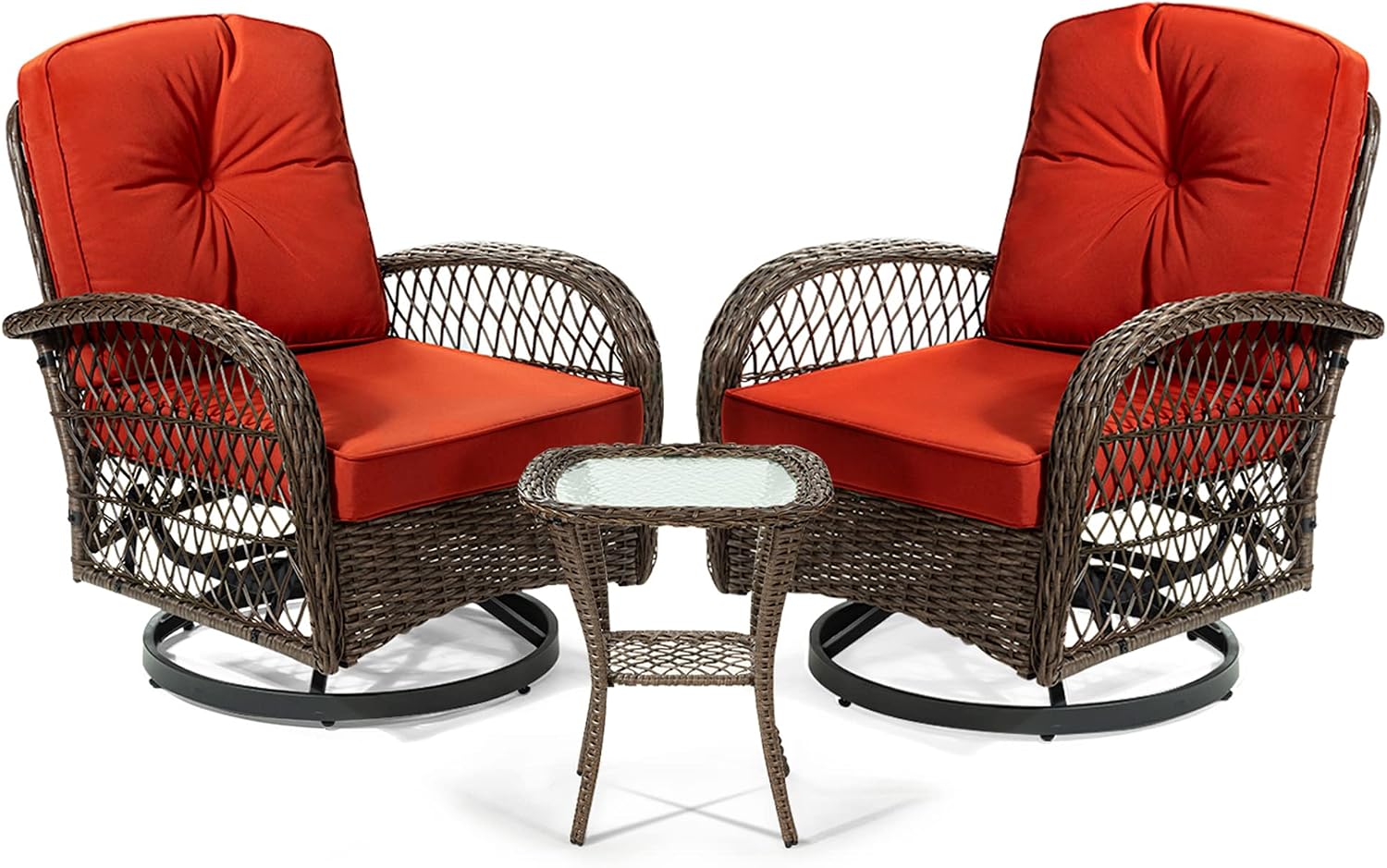 SHA CERLIN 3 Pieces Patio Furniture Set, Outdoor Swivel Glider Rocker, Wicker Patio Bistro Set with Rocking Chair, Cushions and Table (Red)