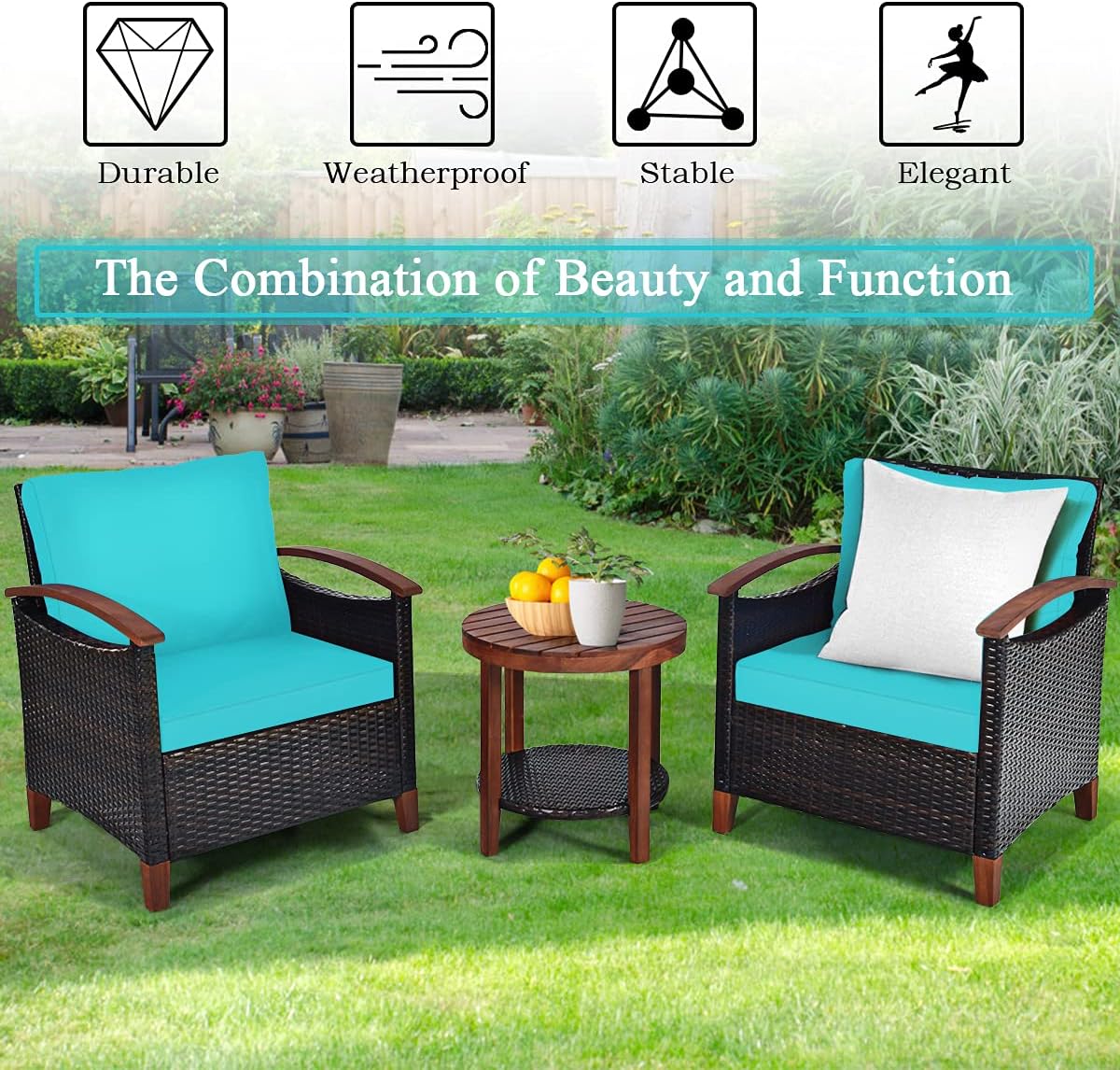 Tangkula 3 Pieces Patio Furniture Set, Outdoor Rattan Sofa and Side Table w/Solid Acacia Wood Frame, High Load Bearing Conversation Bistro Set w/Washable and Removable Cushions (Turquoise)