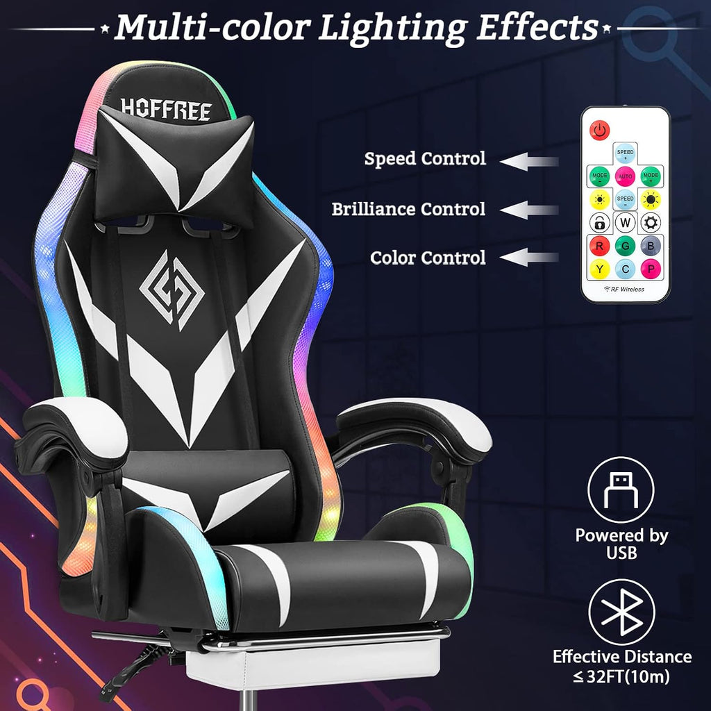 RGB Gaming Chair with Massage and LED Lights Ergonomic Computer Chair with Footrest Reclining High Back Video Game Chair for Adults with Adjustable Lumbar Support White and Black