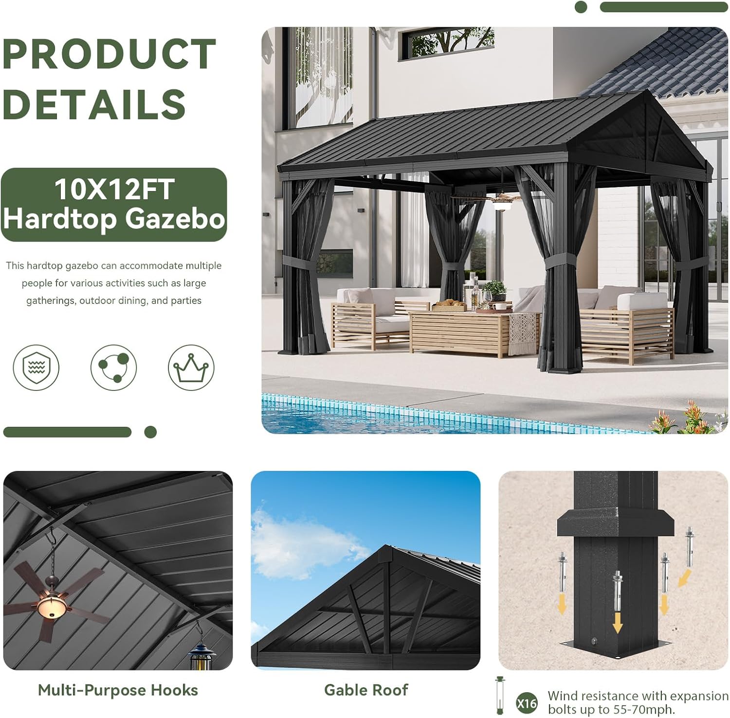 Aoxun 10' X 12' Hardtop Gazebo, Aluminum Outdoor Gazebo with Galvanized Steel Gable Roof Canopy, Patio Permanent Metal Pavilion with Netting, for Garden, Backyard, Deck, Square Foundation