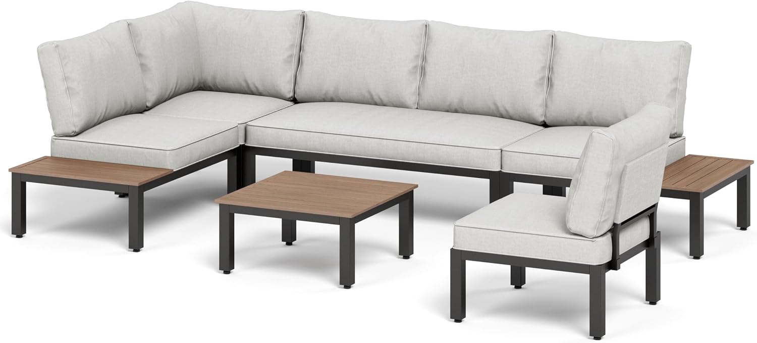 PHI VILLA 6 Pieces Outdoor Patio Furniture Set,Metal Frame Modern Outdoor Sectional Sofa Set,6 Seats Patio Conversation Sets with Coffee Table&Thickened Cushion,for Poolside and Backyard,Light Grey