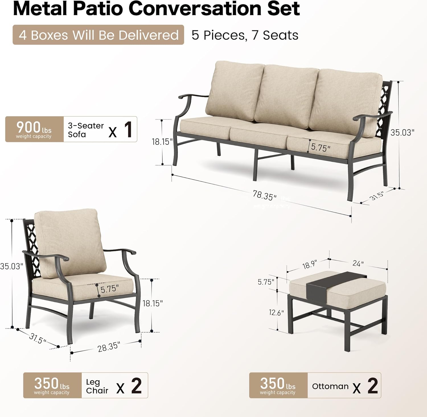SUNSHINE VALLEY Patio Furniture Set, Modern Metal Outdoor Patio Furniture, 3 Seater Sofa, 2 Fixed Chairs, 2 Ottomans and 5.75' Extra Thick Cushion, Patio Conversation Set for Garden Backyard Deck