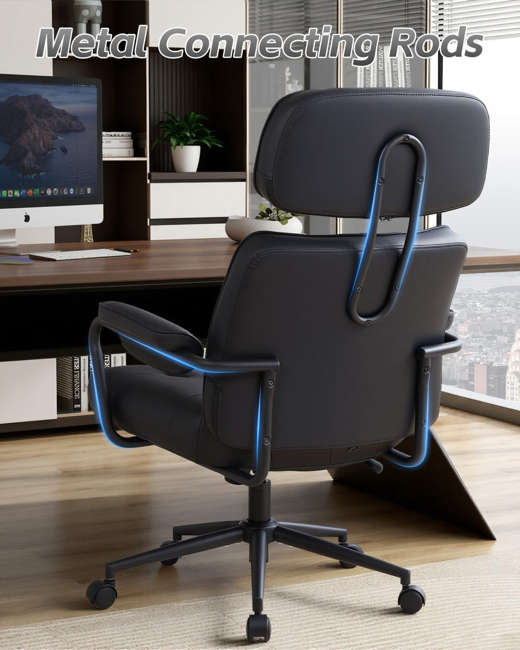 Big and Tall Office Chair 500lbs, Desk Chair Comfy, Oversized Computer Chair Extra Wide, Mid-Century Modern Chairs, PU Leather Heavy Duty, High Back Swivel Rocking Chairs with Wheels for Home, Black