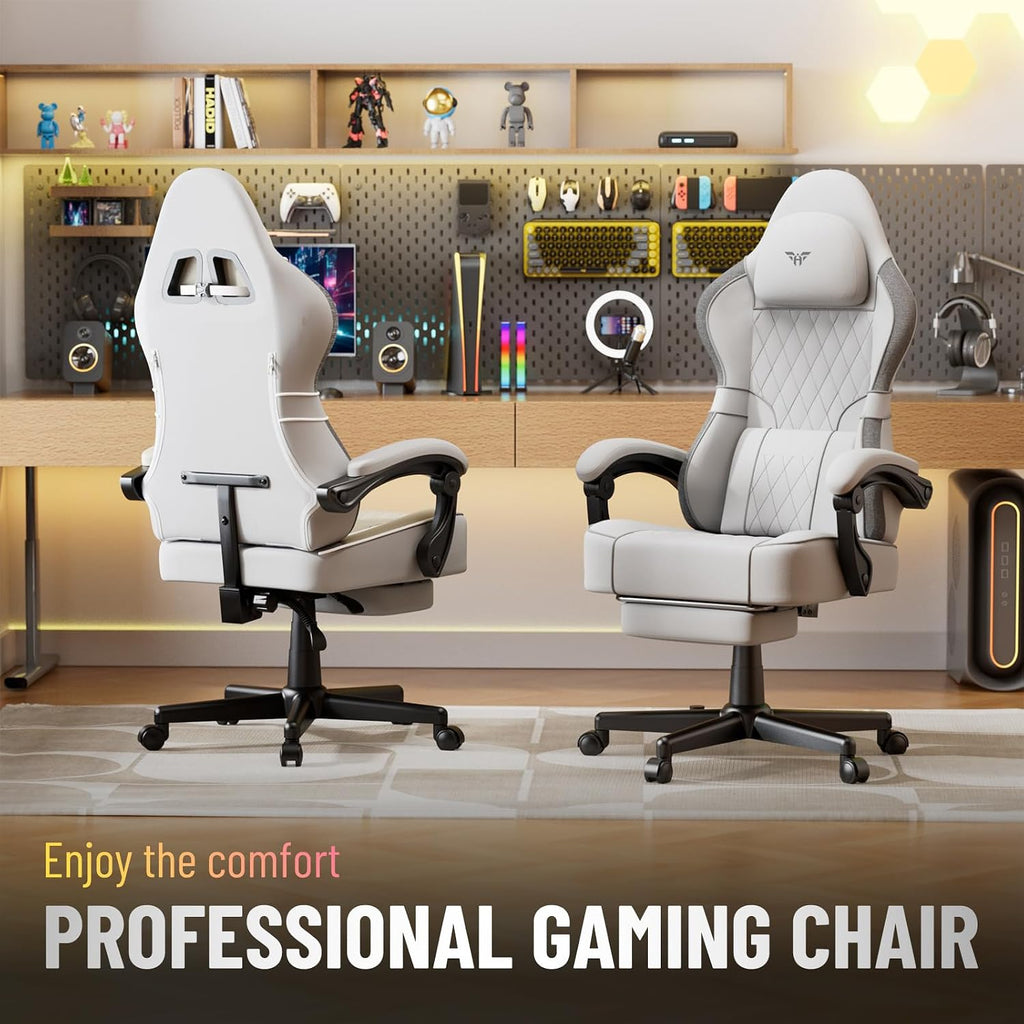Ferghana Gaming Chair, Breathable Fabric Computer Chair with Footrest and Linkage Armrest, Ergonomic Office Game Chair with Massage Lumbar Support for Adult, White