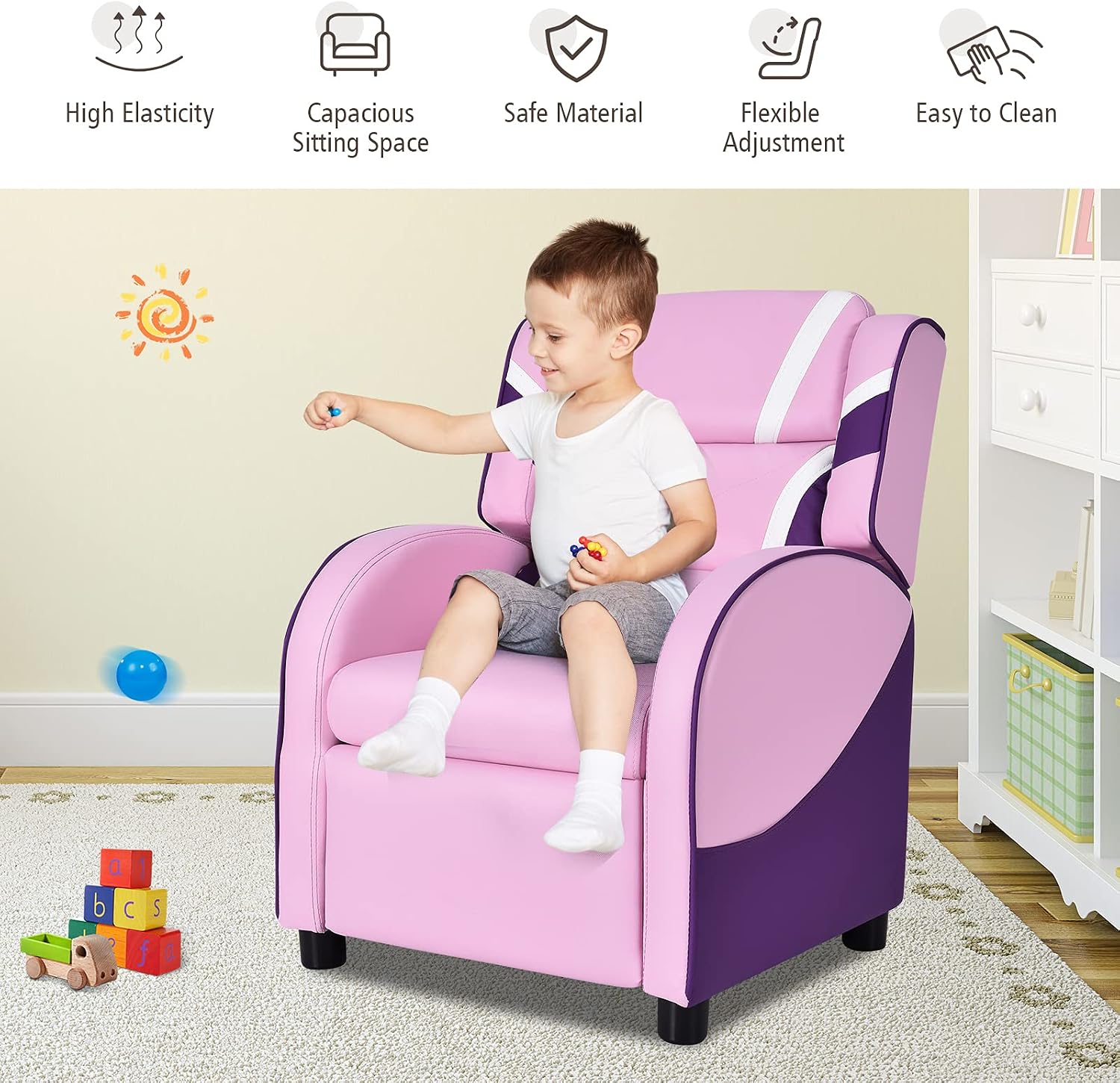 Costzon Kids Recliner, Gaming Recliner Chair w/Footrest, Headrest, Lumbar Support & Side Pockets, Ergonomic Leather Lounge Chair for Living & Gaming Room, Adjustable Recliner Sofa for Boys Girls, Pink