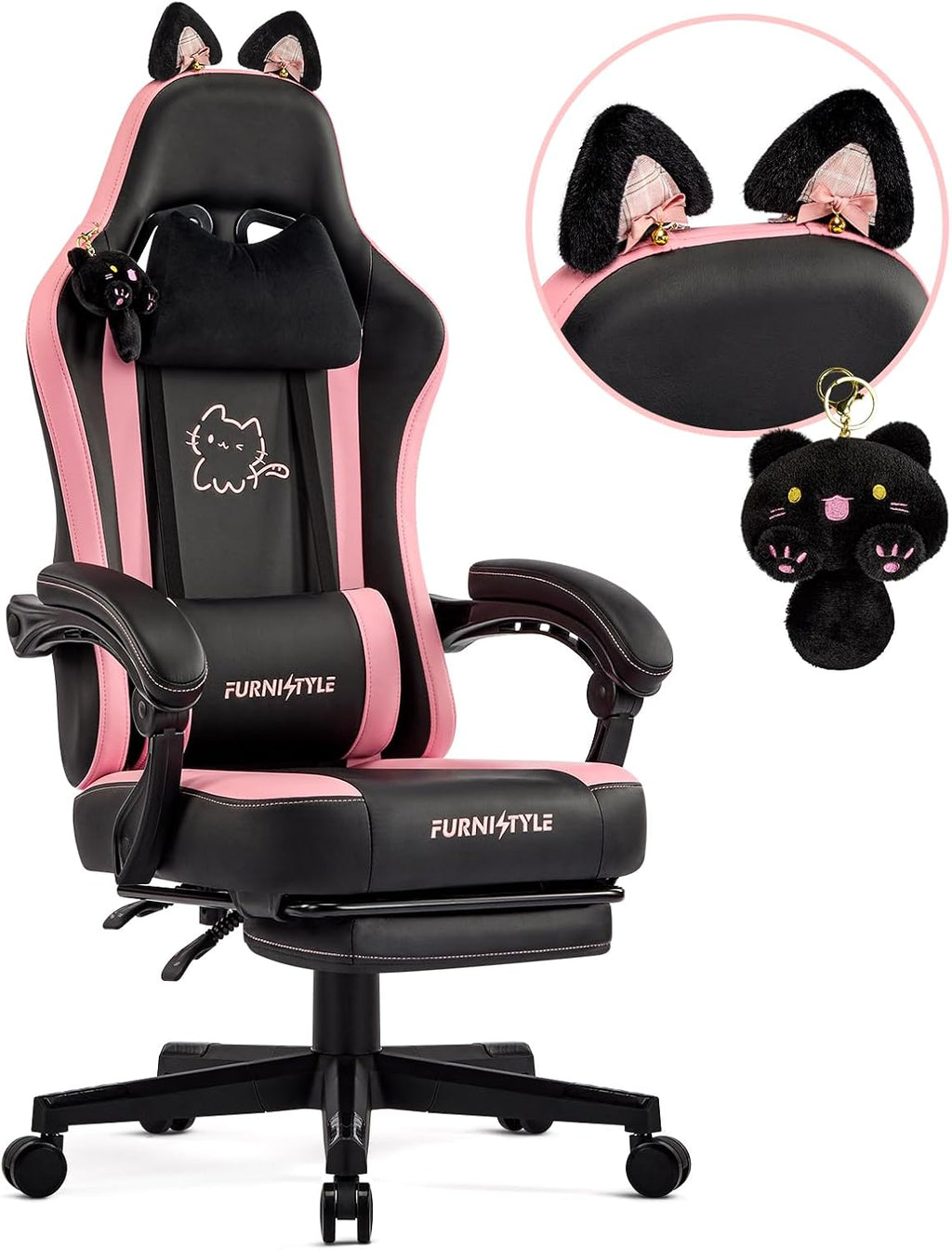 Gaming Chair with Footrest, Comfy Girly Video Game Chairs with Cat Ears Pocket Spring Cushion Massage Lumbar Support & Headrest, Ringing Accessories Cute Leather Ergonomic Computer Chair, Black/Pink