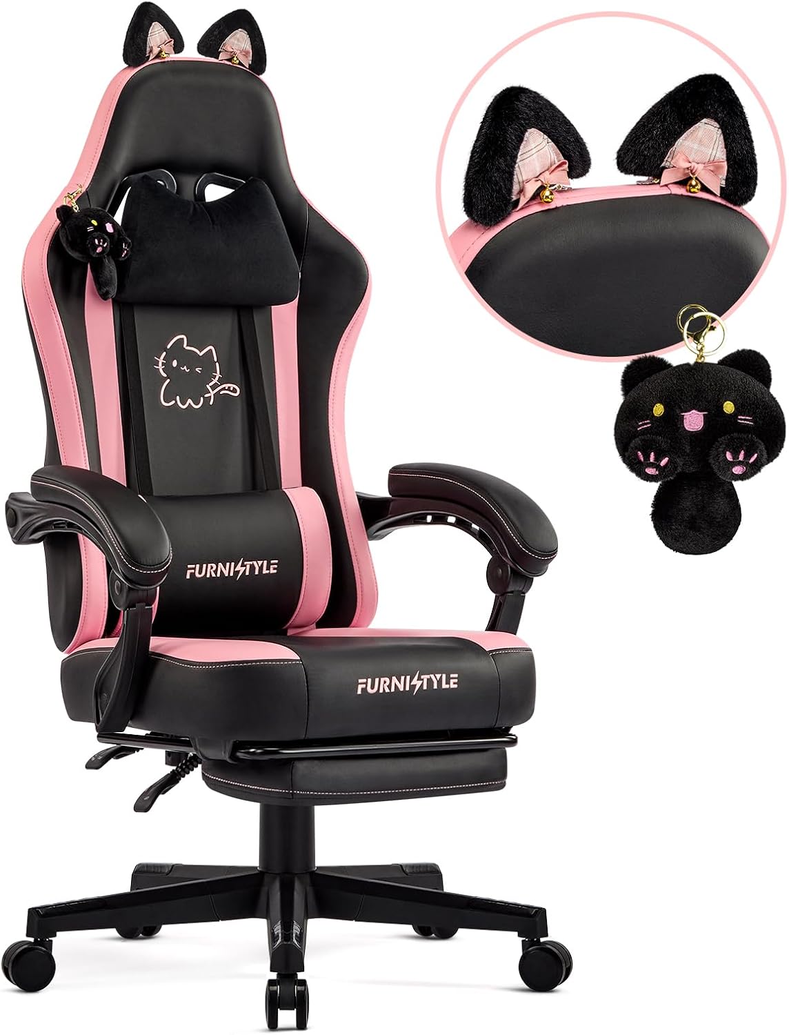 Gaming Chair with Footrest, Comfy Girly Video Game Chairs with Cat Ears Pocket Spring Cushion Massage Lumbar Support & Headrest, Ringing Accessories Cute Leather Ergonomic Computer Chair, Black/Pink