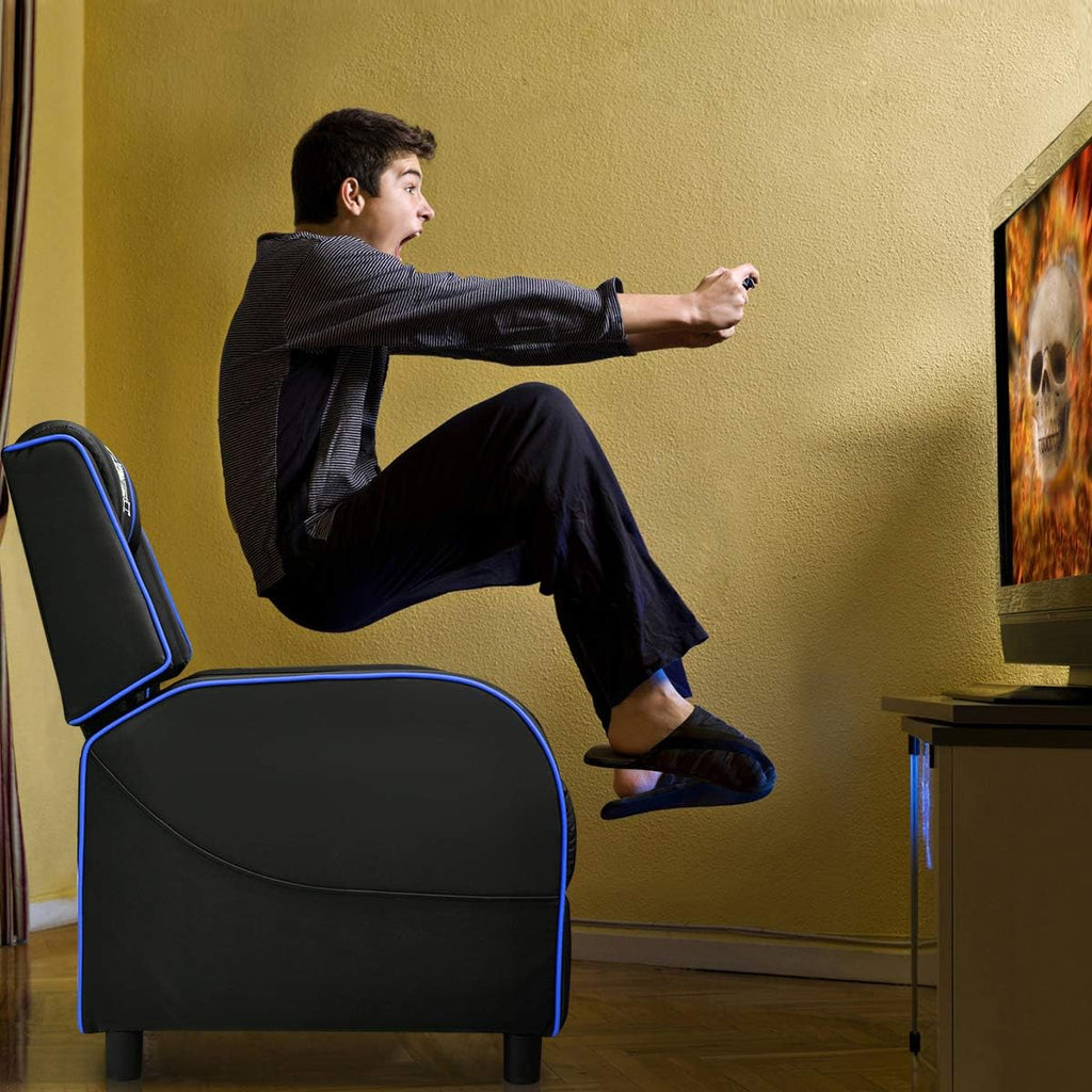 Giantex Gaming Recliner Chair, Adjustable Massage Gaming Chairs for Adults, Ergonomic Comfortable Lounge Leather Sofa w/Footrest, Remote Control & Side Pocket, Racing Style Single Sofa Recliners, Blue