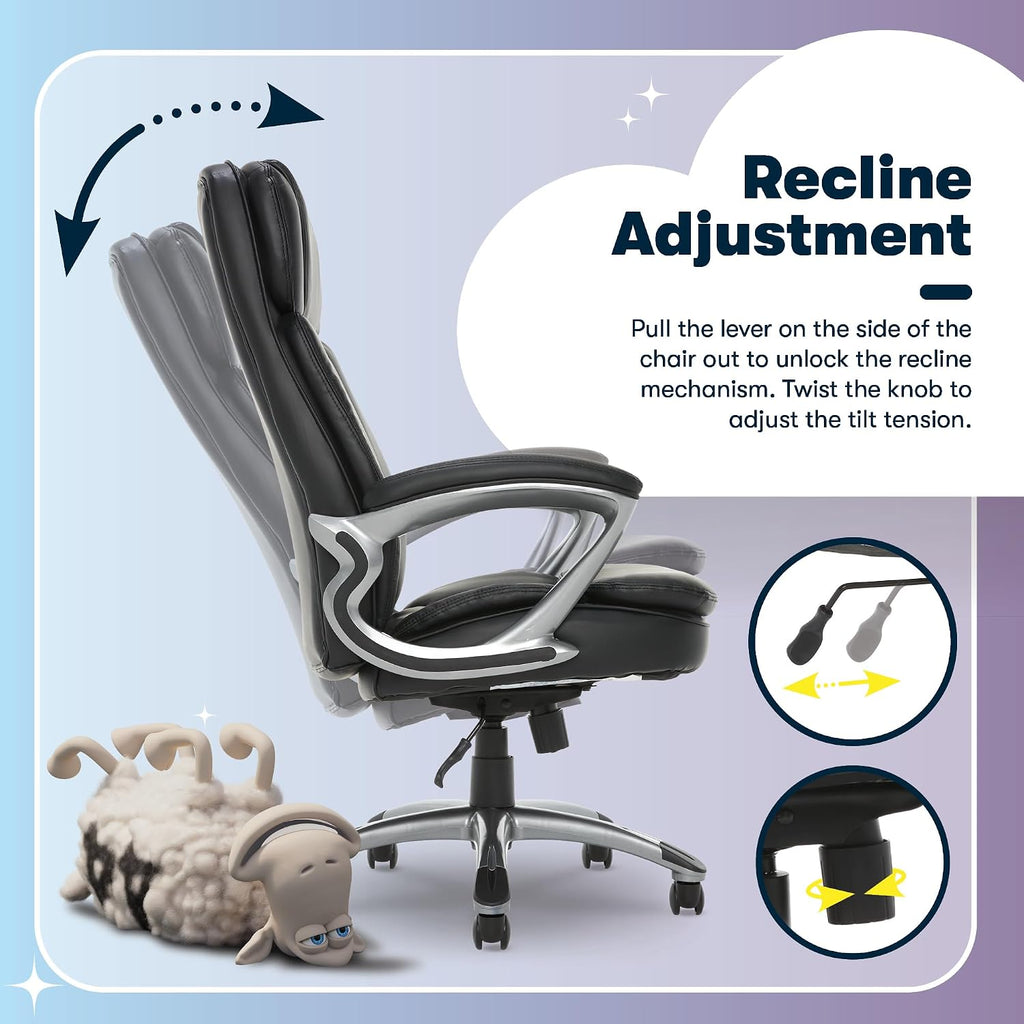 Serta Fairbanks Big and Tall Executive Office Chair - Ergonomic High Back Computer Desk Chair with Lumbar Support, Memory Foam Seat Cushion, Padded Armrests, Bonded Leather, 350 lb Capacity - Black