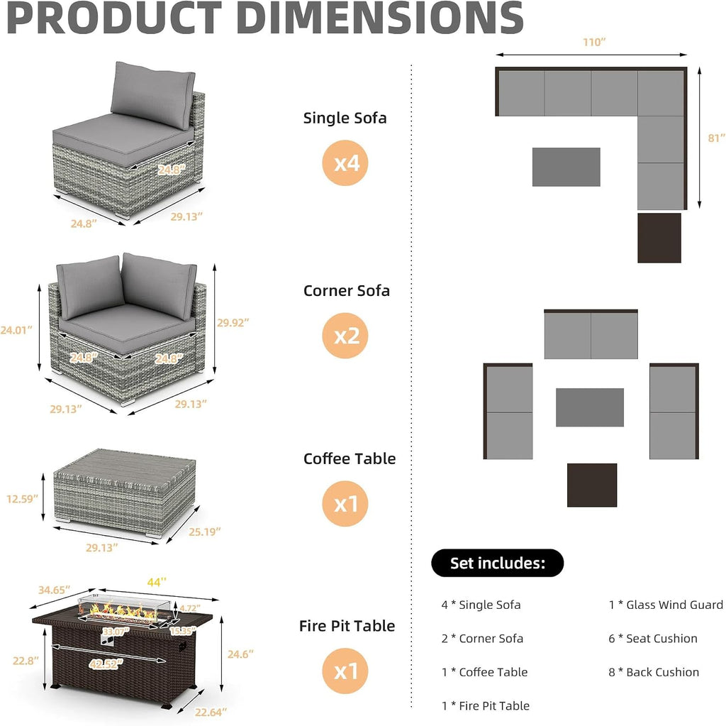 HOMREST 8 Pieces Outdoor Patio Furniture Set with 44' Propane Fire Pit Table, PE Rattan Sectional Sofa Conversation Set w/Adjustable Bracket,Wood Coffee Table for Backyard (Grey)