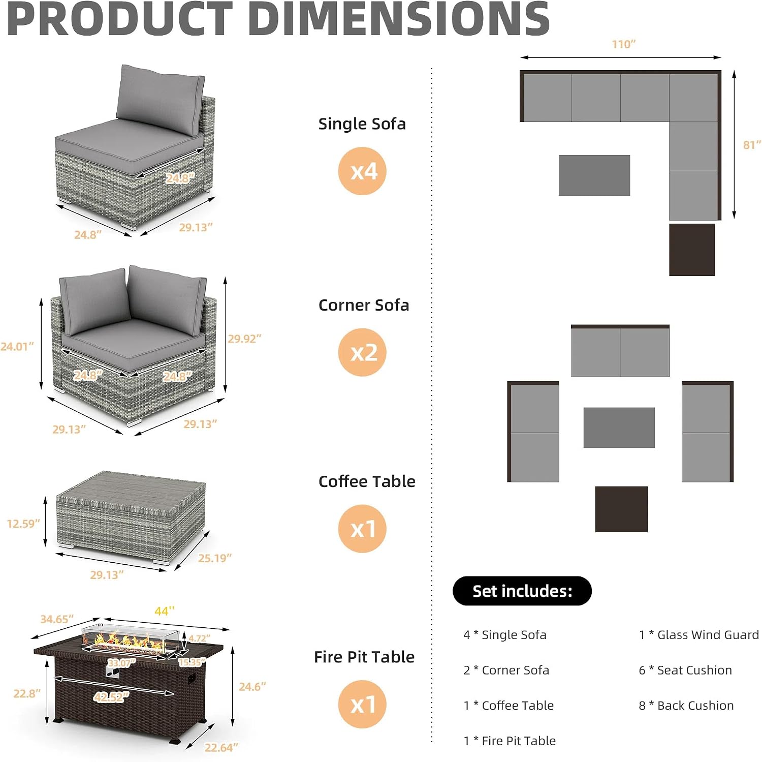 HOMREST 8 Pieces Outdoor Patio Furniture Set with 44' Propane Fire Pit Table, PE Rattan Sectional Sofa Conversation Set w/Adjustable Bracket,Wood Coffee Table for Backyard (Grey)