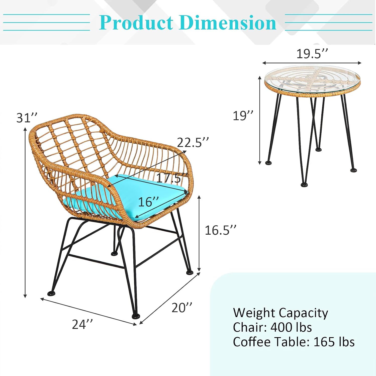 Tangkula 3 Pieces Patio Bistro Set, Rattan Conversation Set with 2 Cushioned Armchairs & Round Glass Coffee Table, Indoor Outdoor Wicker Furniture Set for Balcony, Backyard, Garden, Poolside