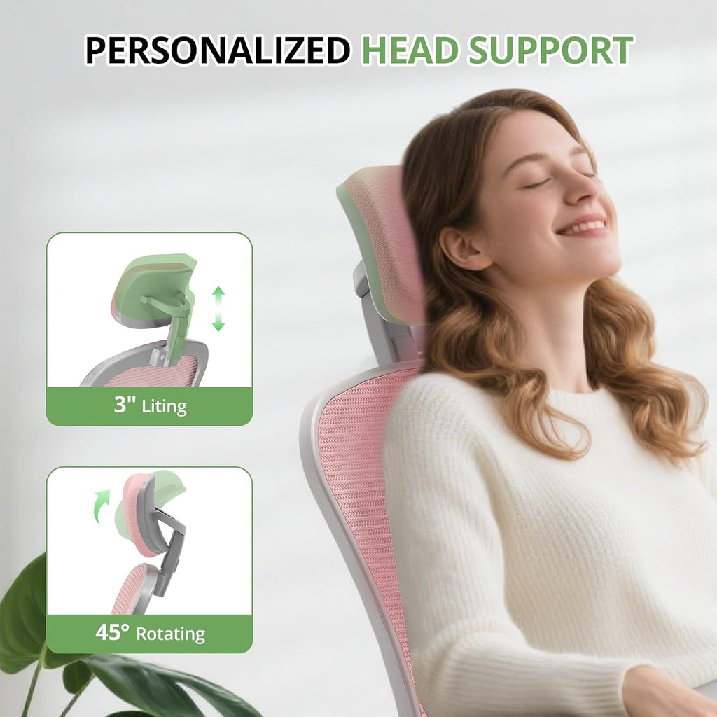 Office Chair Ergonomic Desk Chair, 330LBS Capacity, High Back Computer Design for Long Hours Comfort, Rolling Swivel Executive Task for Home Office with Flip-up Armrests, Grey Pink