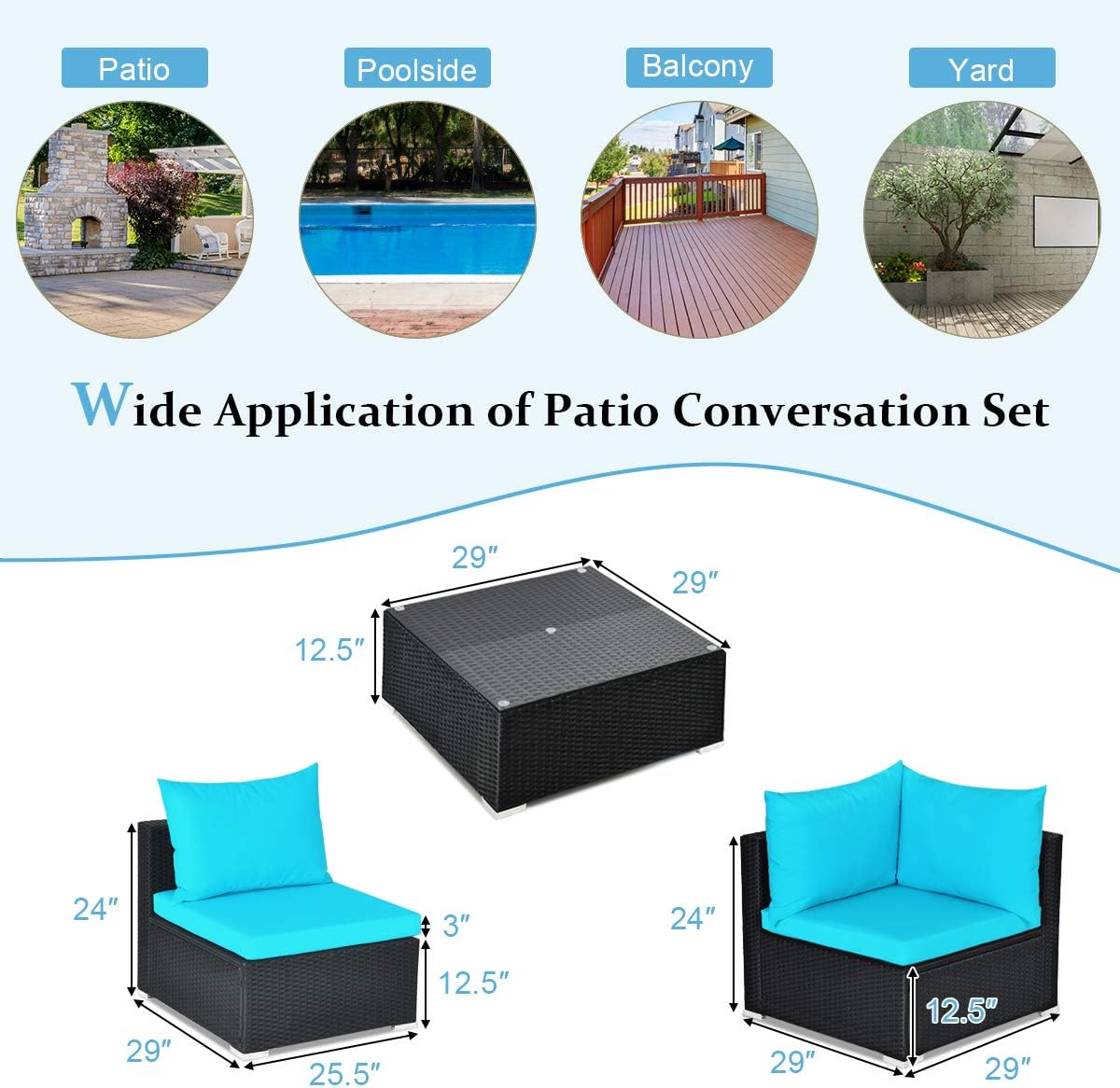 COSTWAY 7 Pieces Patio Furniture Set, Outdoor Rattan Conversation Set with 6 Seats, Coffee Tea Table, Soft Cushions, Wicker Patio Sectional Sofa for Garden Balcony Porch Poolside, Turquoise