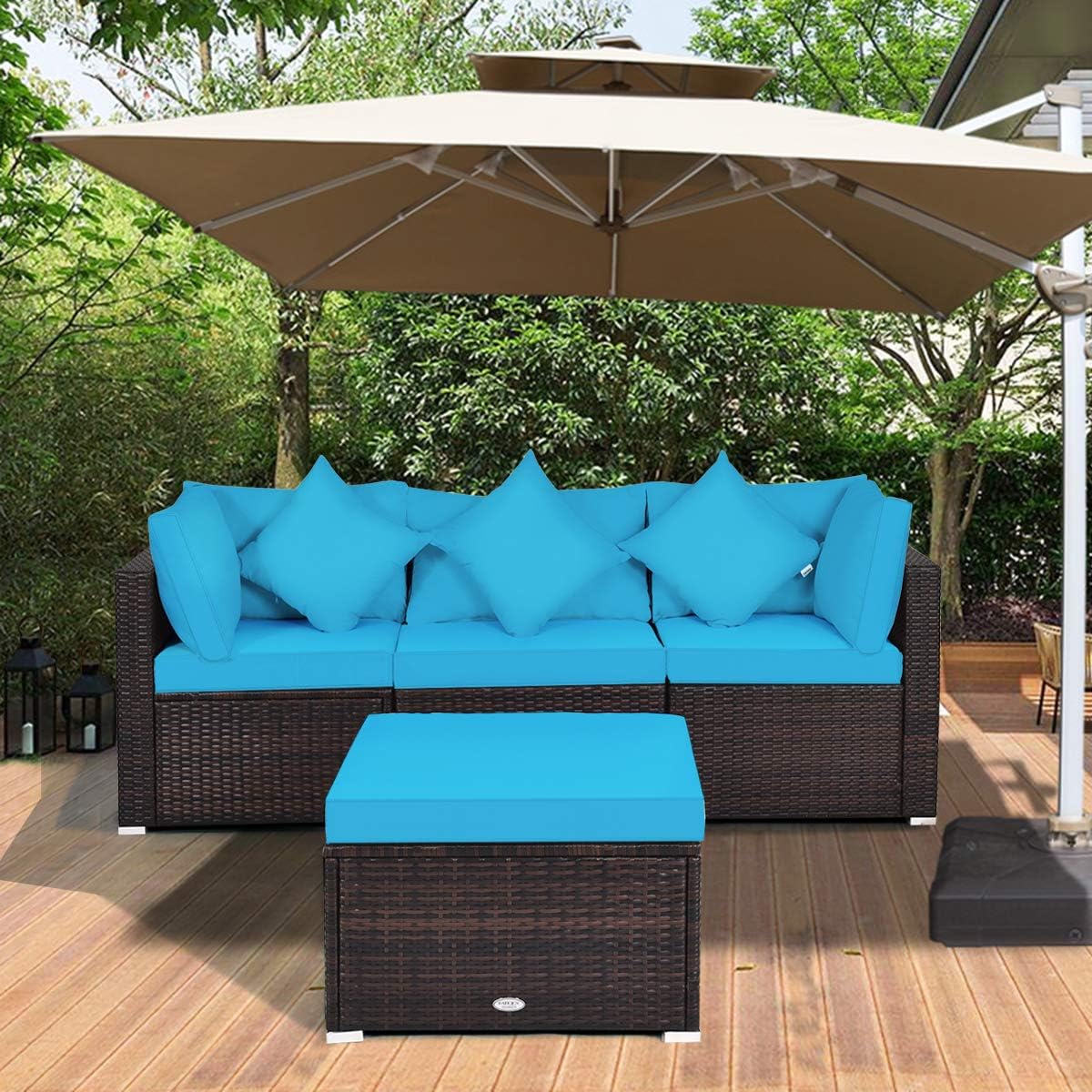 Tangkula 4 Pieces Patio Furniture Set, All Weather Outdoor Sectional Rattan Sofa Set w/Removable Cushions & Pillows, Wicker Conversation Set with Heavy-Duty Steel Frame for Backyard Garden Poolside