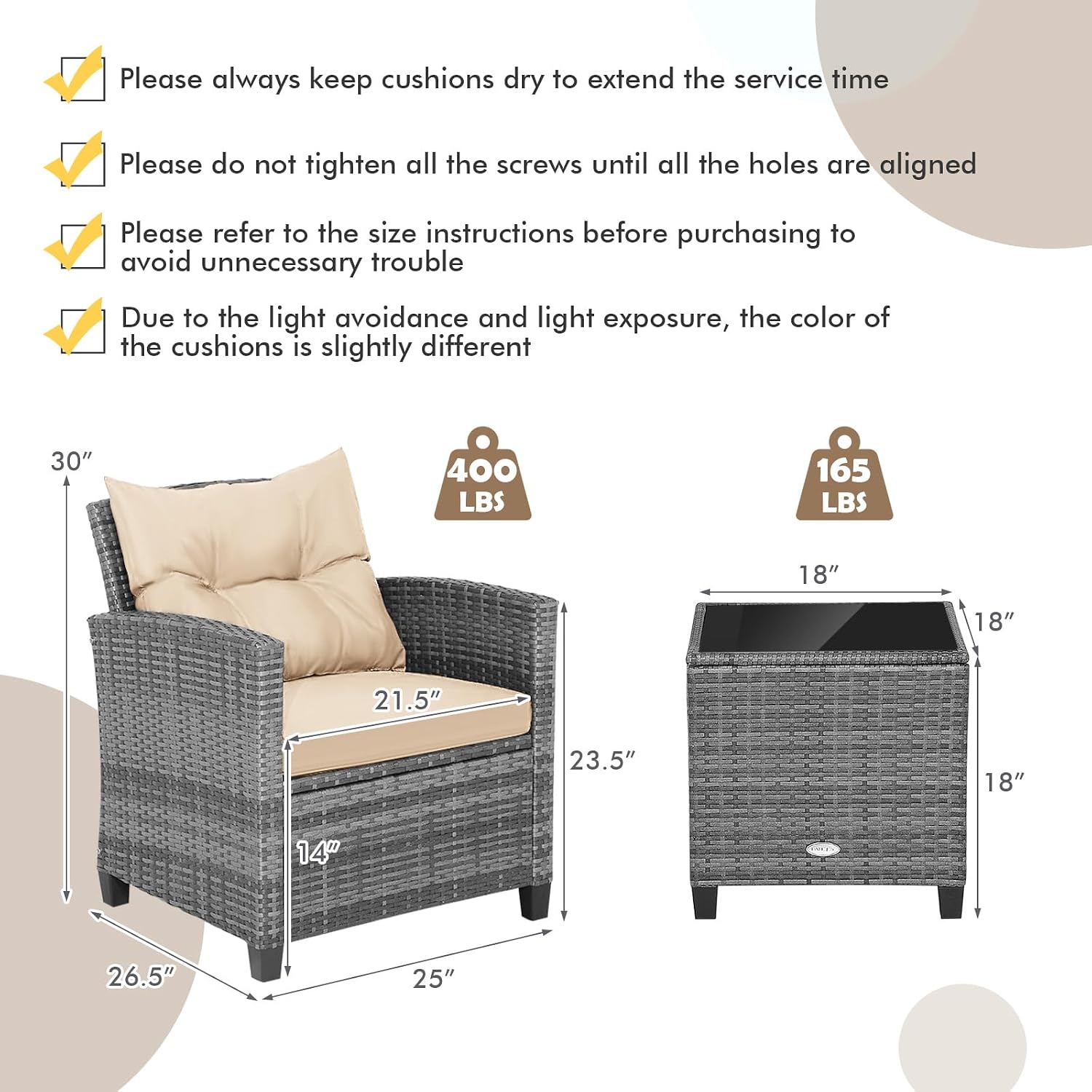 COSTWAY 3PCS Patio Furniture Set, PE Rattan Wicker Sofa w/Washable Cushion and Coffee Table, Tempered Glass Tabletop, Outdoor Conversation Set for Balcony, Porch, Yard, Backyard, Lawn (Beige)