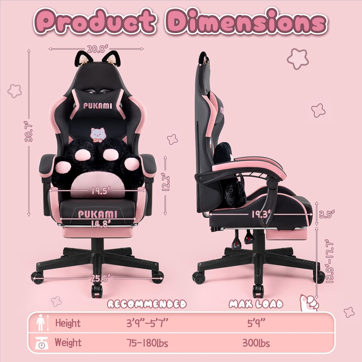 PUKAMI Gaming Chair with Cat Ears,Cute Computer Chair for Girl with Footrest,Ergonomic Gamer Chair, Kawaii Gaming Chair, Game Chair (Light Black)